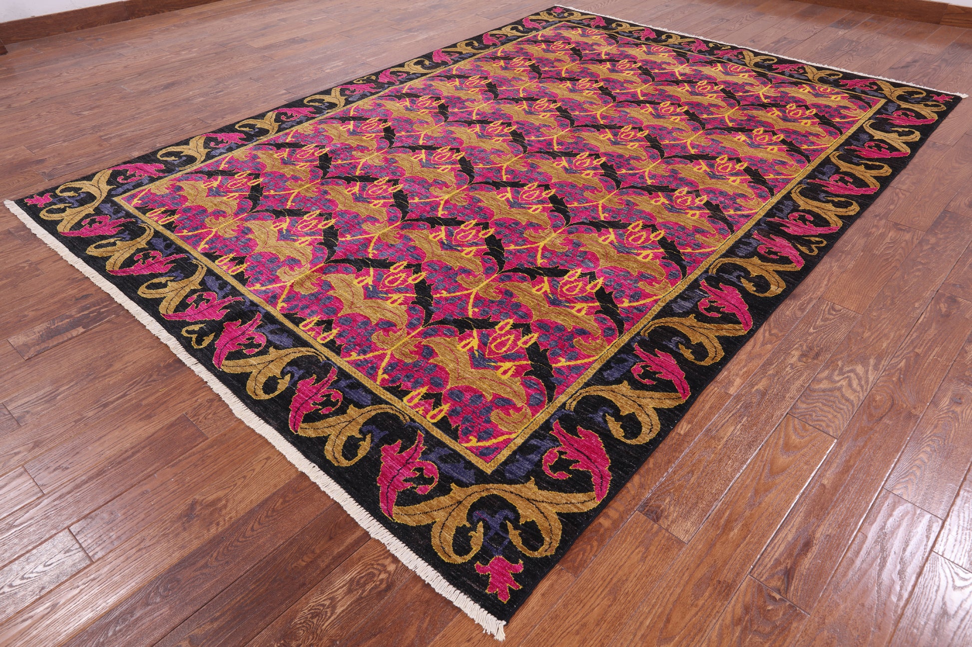 Pink William Morris Hand Knotted Wool Area Rug - 8' 1" X 11' 4" - Golden Nile