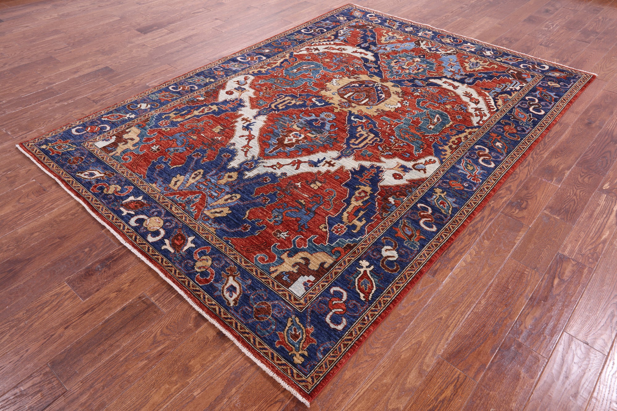 Red Persian Fine Serapi Hand Knotted Wool Rug - 6' 3" X 8' 10" - Golden Nile