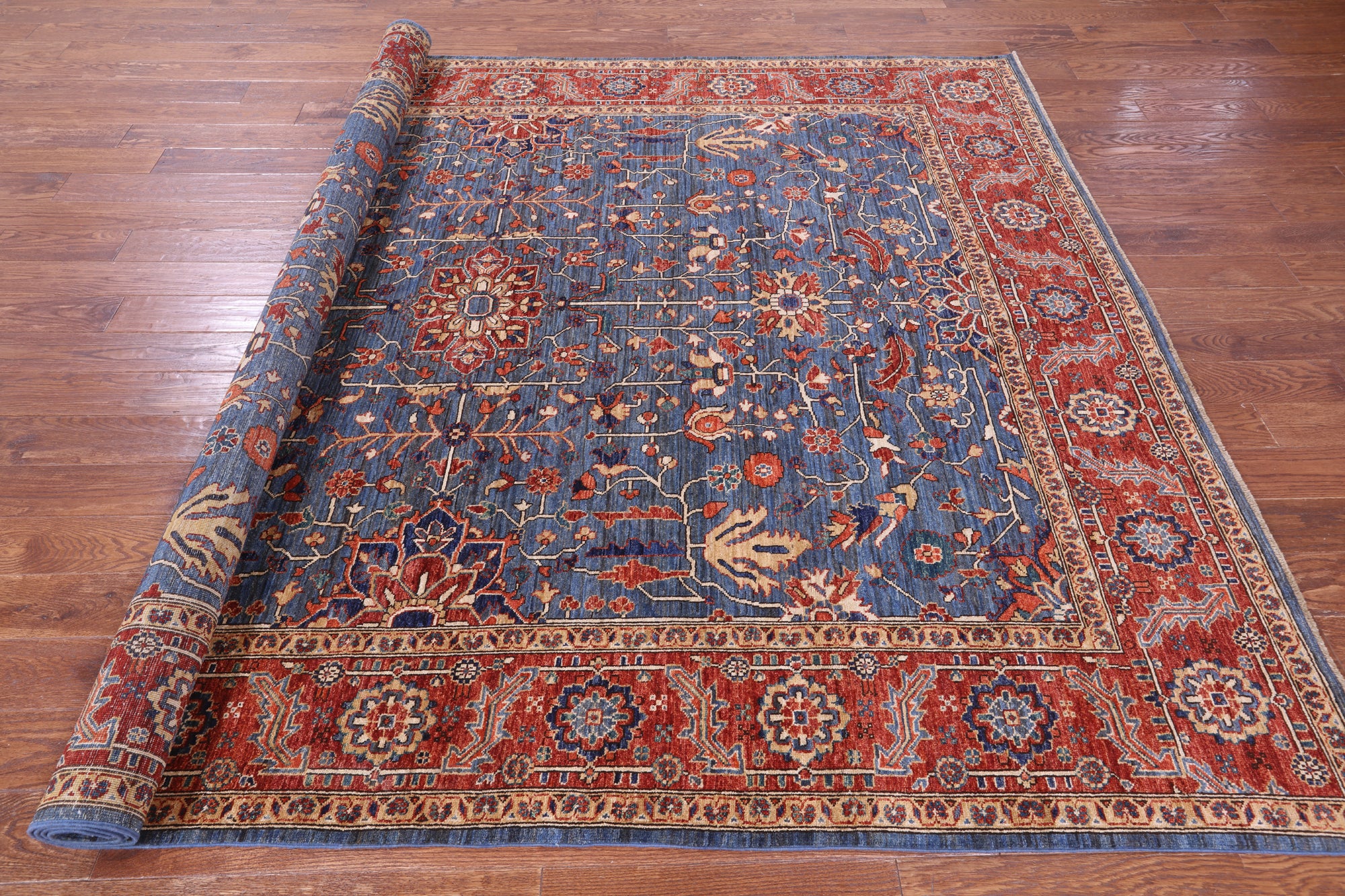 Blue Persian Fine Serapi Hand Knotted Wool Rug - 8' 0" X 10' 4" - Golden Nile