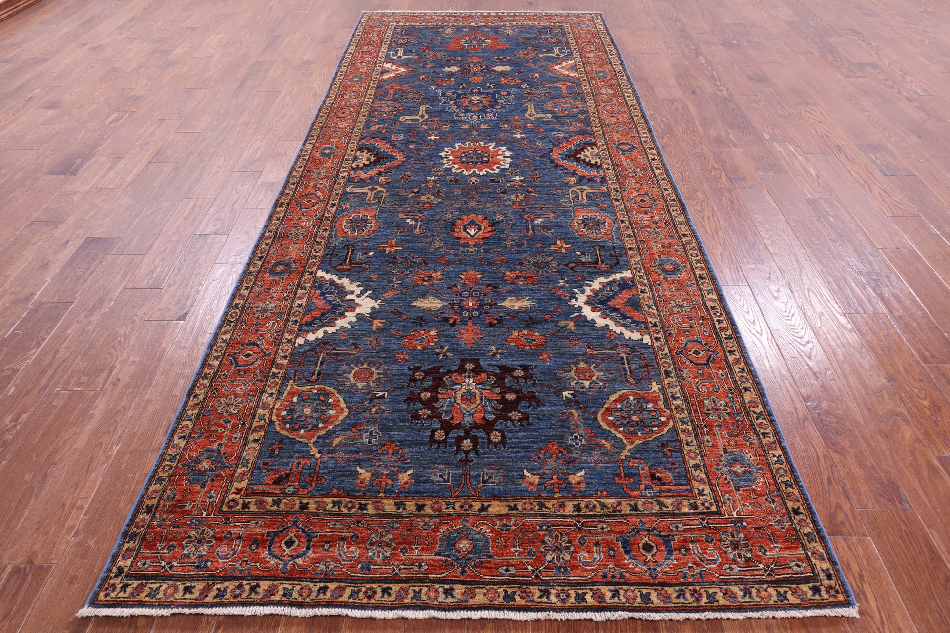 Blue Persian Fine Serapi Hand Knotted Wool Rug - 5' 3" X 12' 11" - Golden Nile