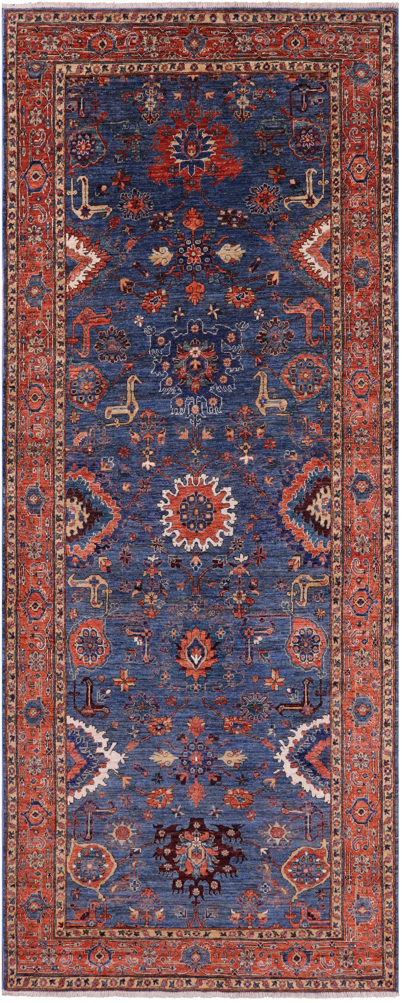 Blue Persian Fine Serapi Hand Knotted Wool Rug - 5' 3" X 12' 11" - Golden Nile