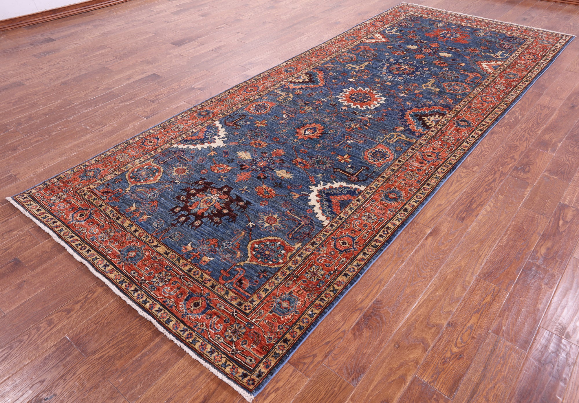 Blue Persian Fine Serapi Hand Knotted Wool Rug - 5' 3" X 12' 11" - Golden Nile