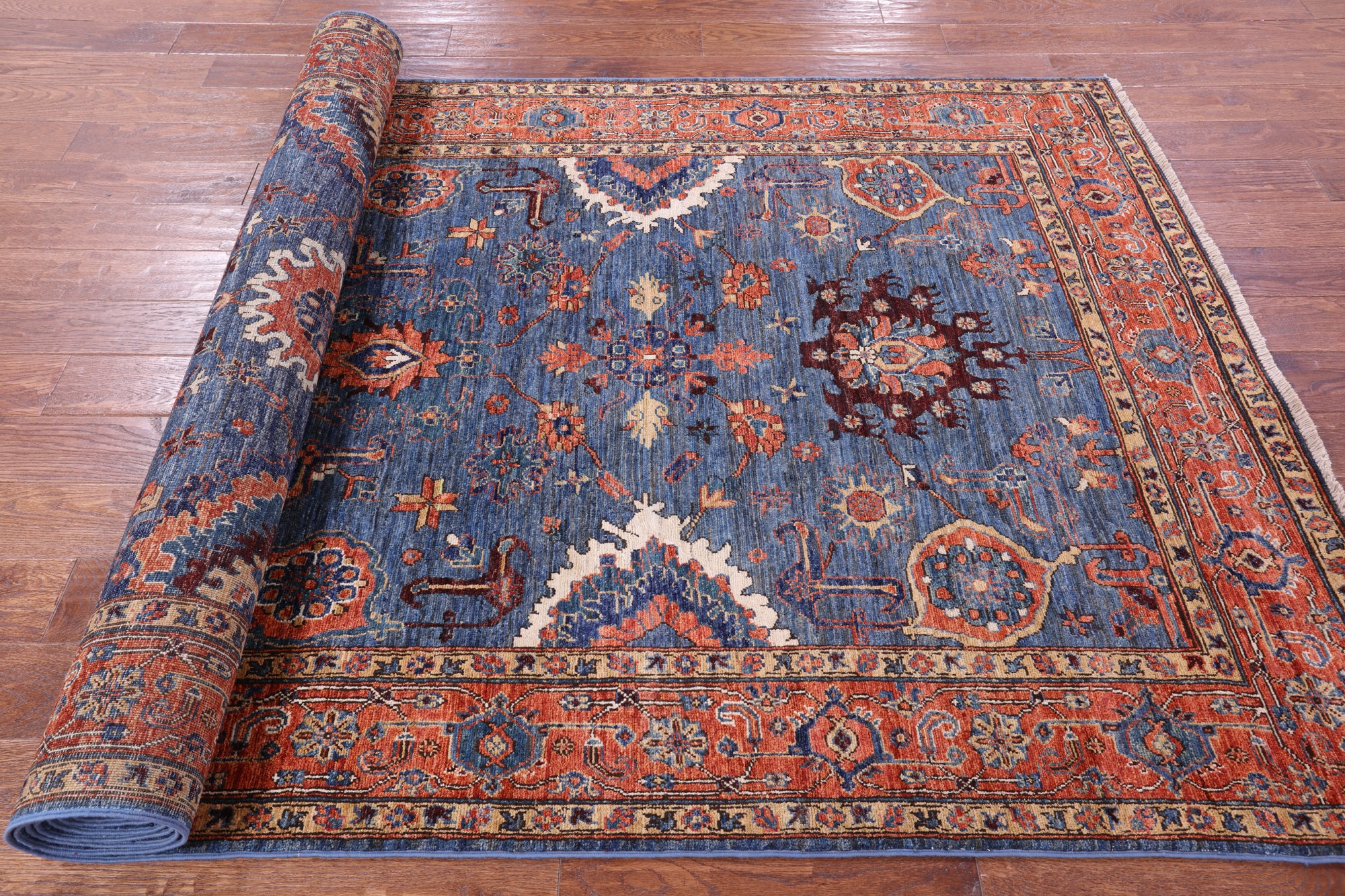 Blue Persian Fine Serapi Hand Knotted Wool Rug - 5' 3" X 12' 11" - Golden Nile