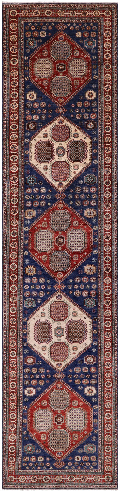 Blue Persian Fine Serapi Hand Knotted Wool Runner Rug - 4' 4" X 18' 5" - Golden Nile