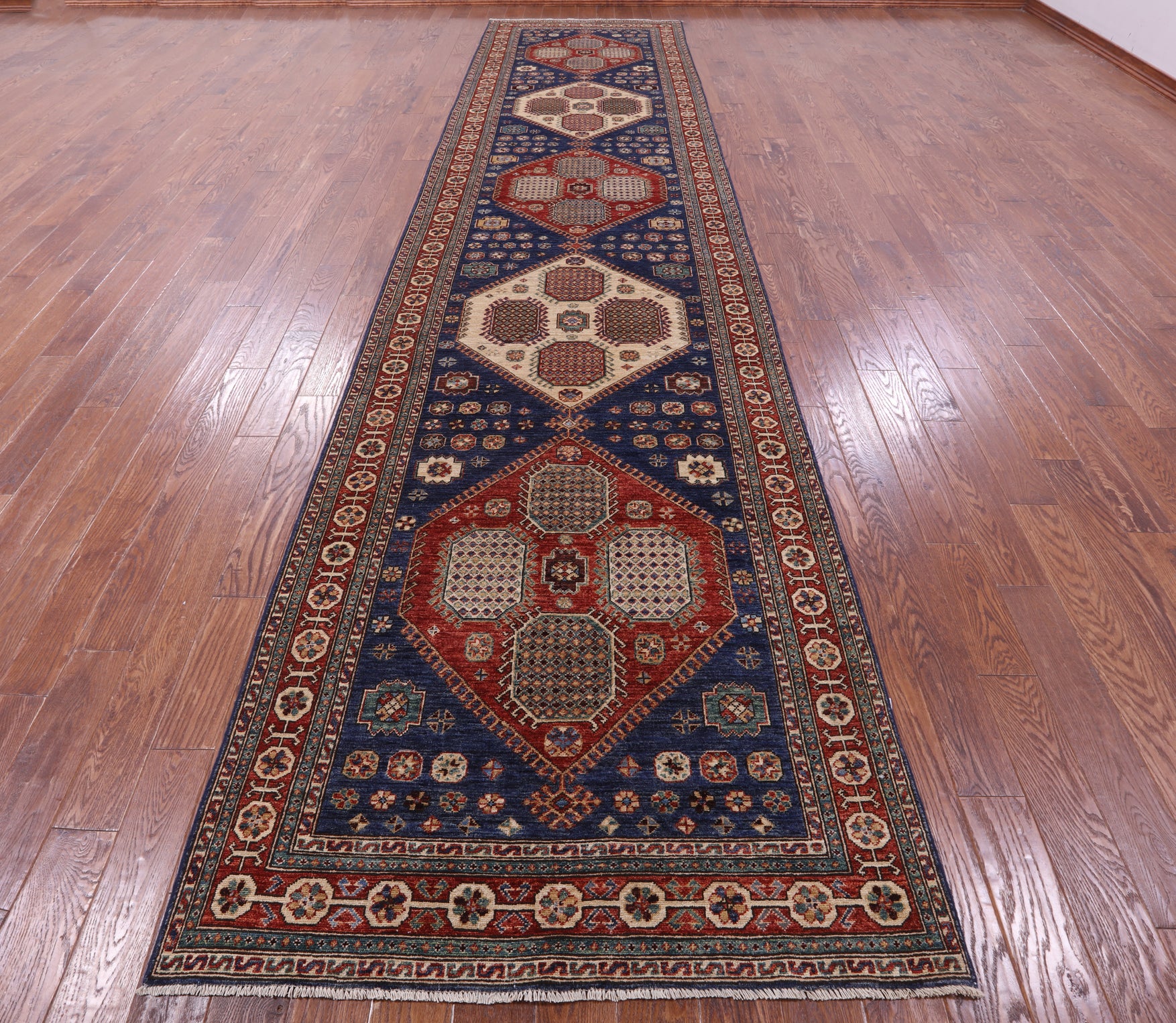 Blue Persian Fine Serapi Hand Knotted Wool Runner Rug - 4' 4" X 18' 5" - Golden Nile