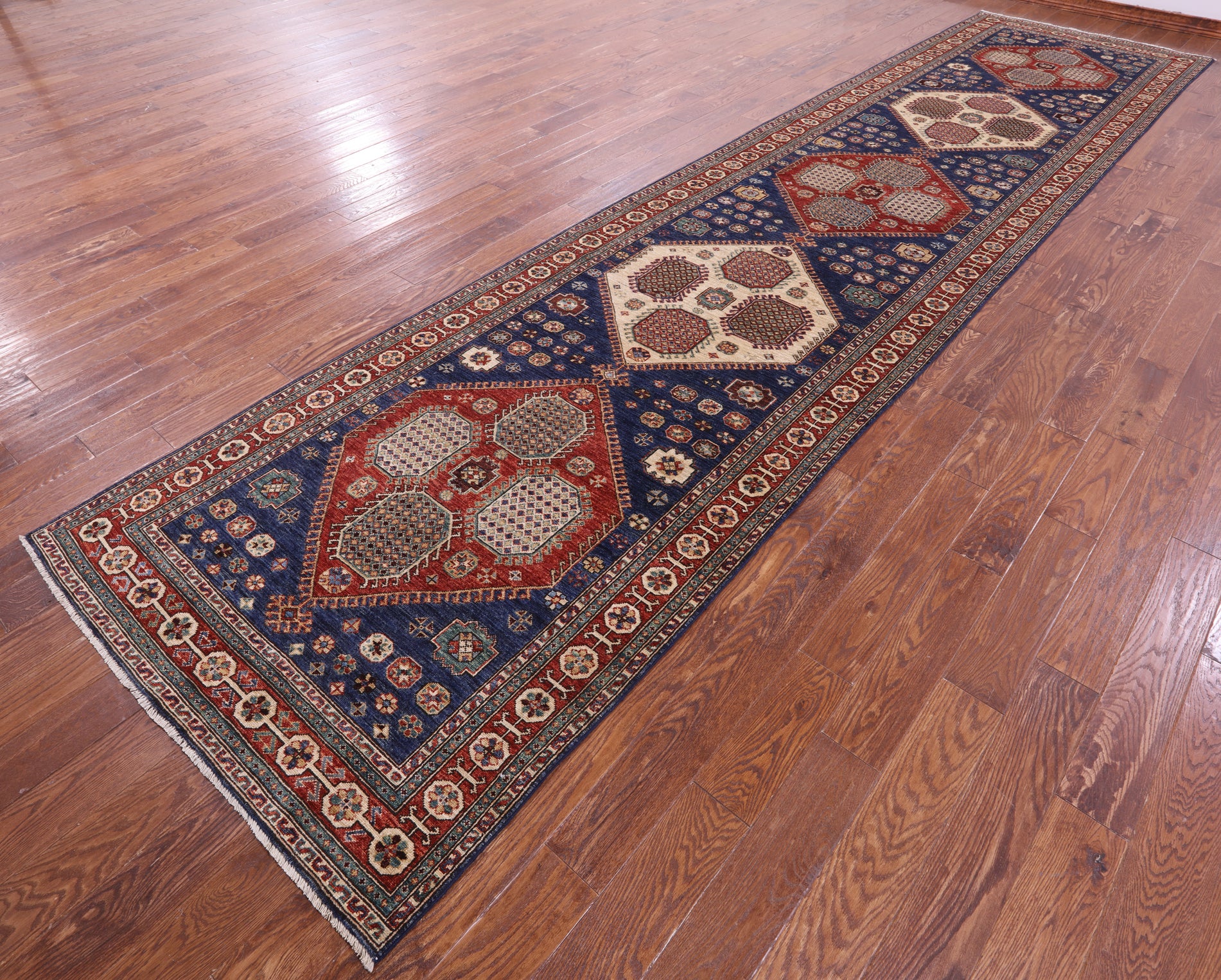Blue Persian Fine Serapi Hand Knotted Wool Runner Rug - 4' 4" X 18' 5" - Golden Nile