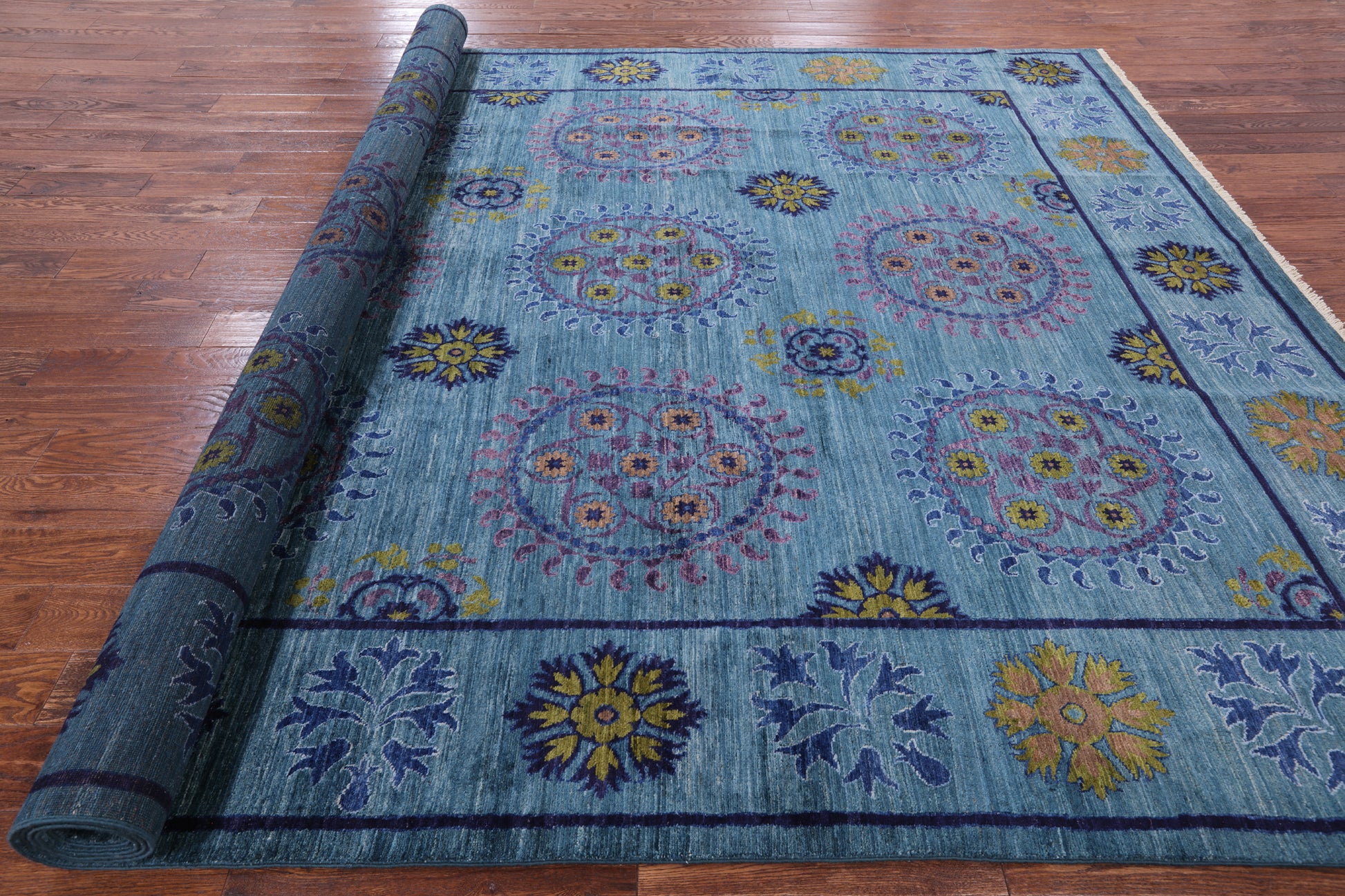 Blue William Morris Handmade Wool Area Rug - 9' 2" X 13' 0" - Golden Nile