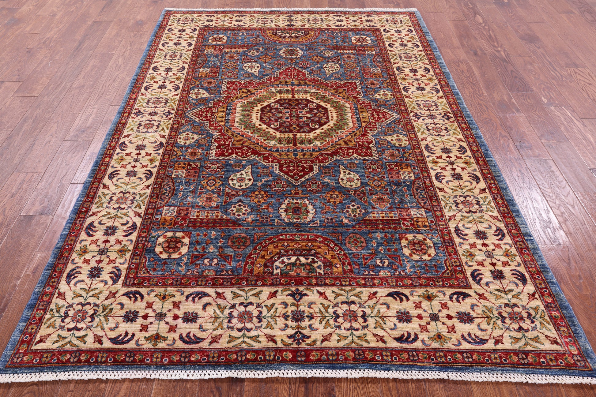 Blue Geometric Persian Mamluk Hand Knotted Wool Rug - 5' 8" X 8' 2" - Golden Nile