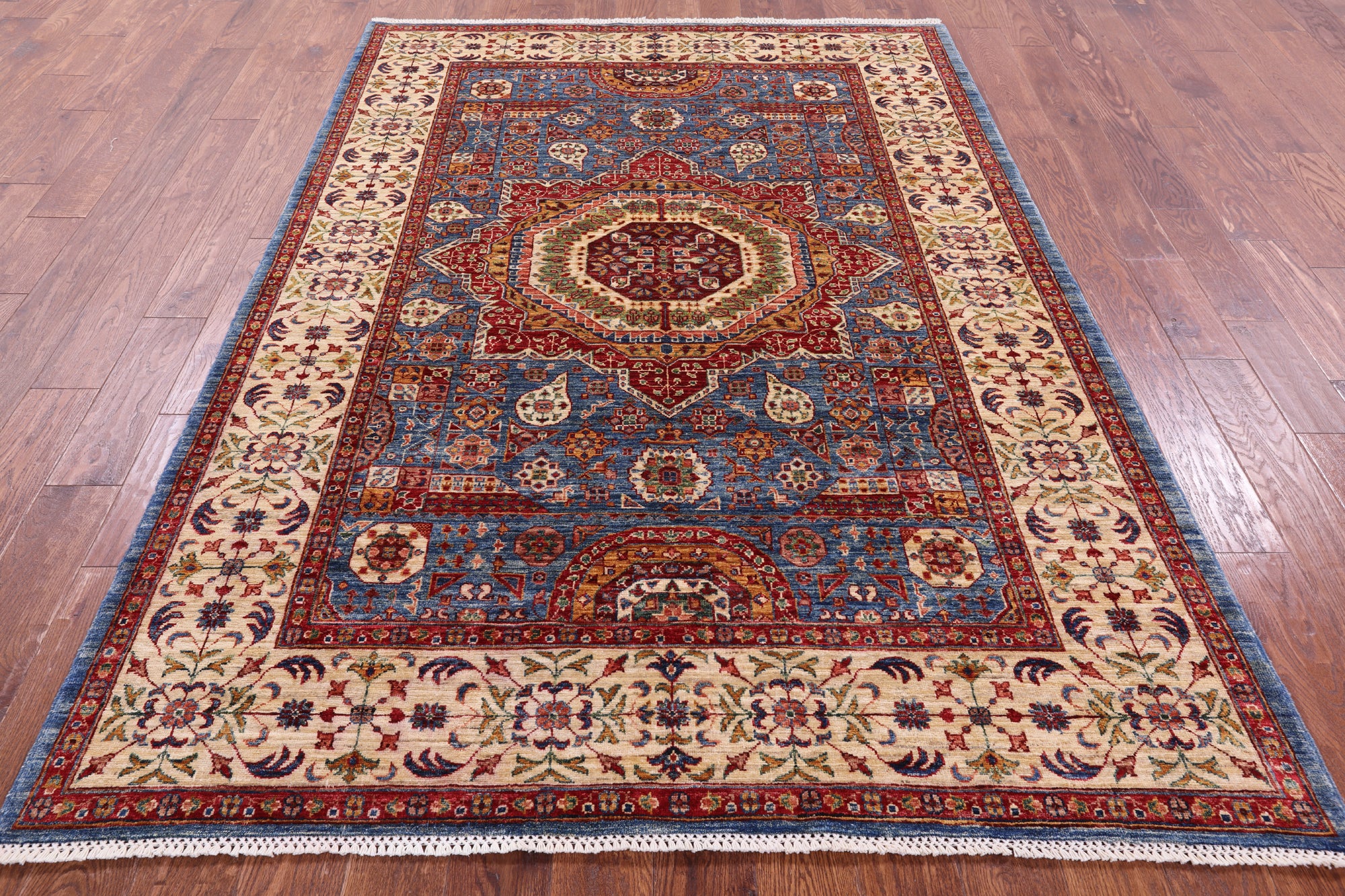 Blue Geometric Persian Mamluk Hand Knotted Wool Rug - 5' 8" X 8' 2" - Golden Nile
