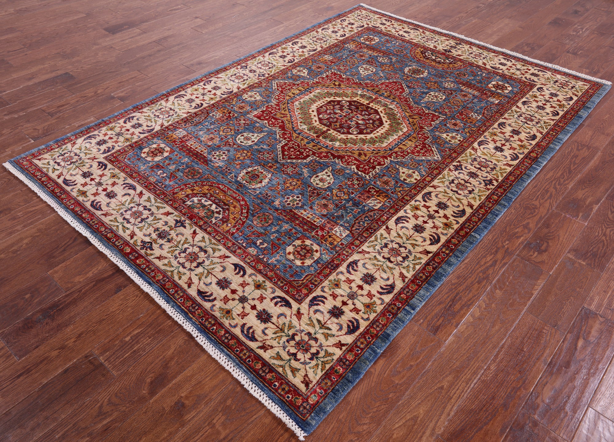 Blue Geometric Persian Mamluk Hand Knotted Wool Rug - 5' 8" X 8' 2" - Golden Nile