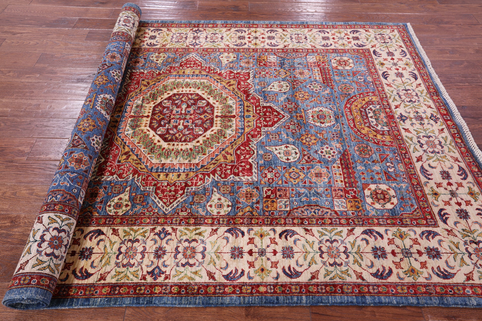 Blue Geometric Persian Mamluk Hand Knotted Wool Rug - 5' 8" X 8' 2" - Golden Nile