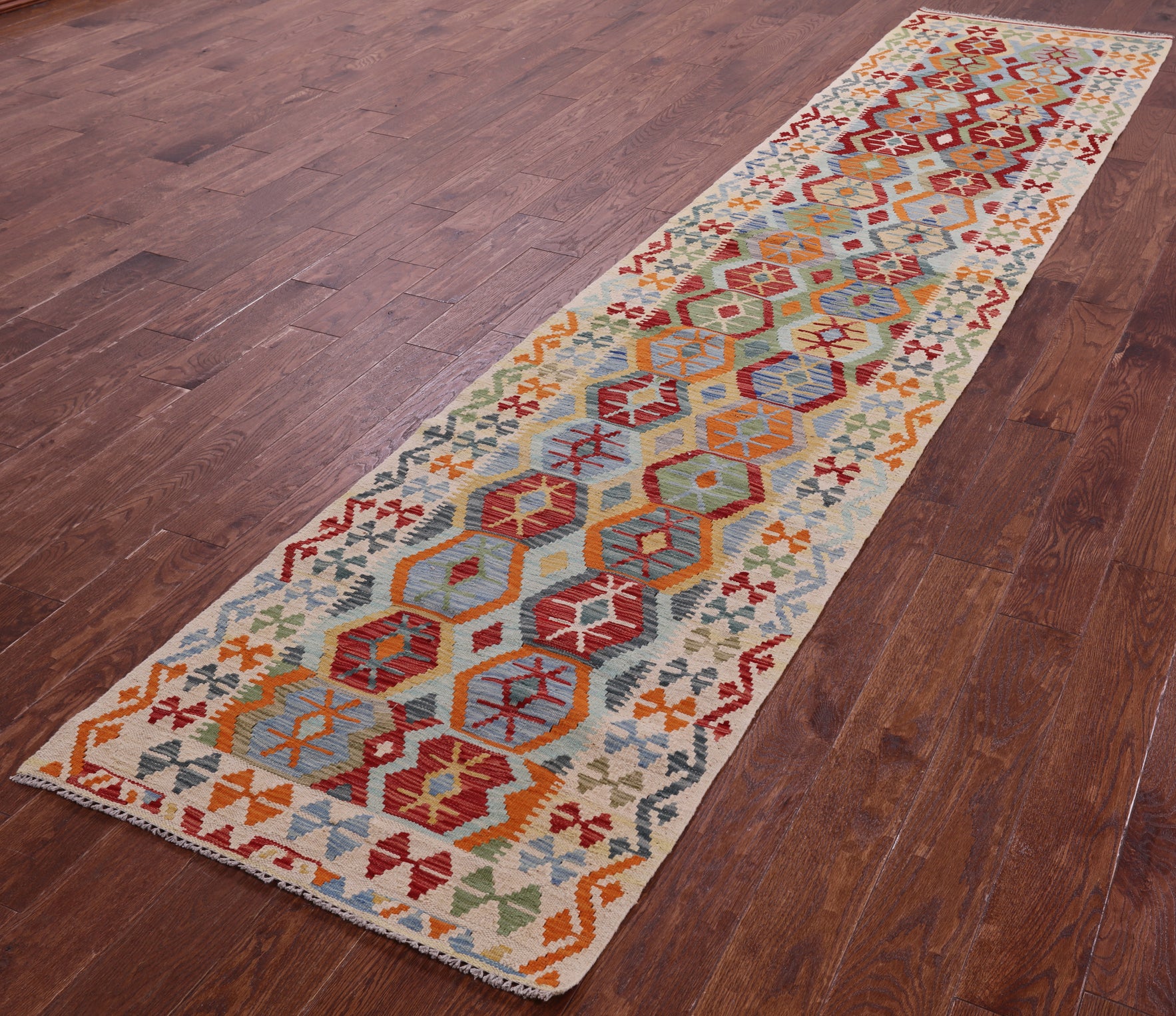 Reversible Kilim Flat Weave Wool On Wool Runner Rug - 2' 9" X 12' 10" - Golden Nile