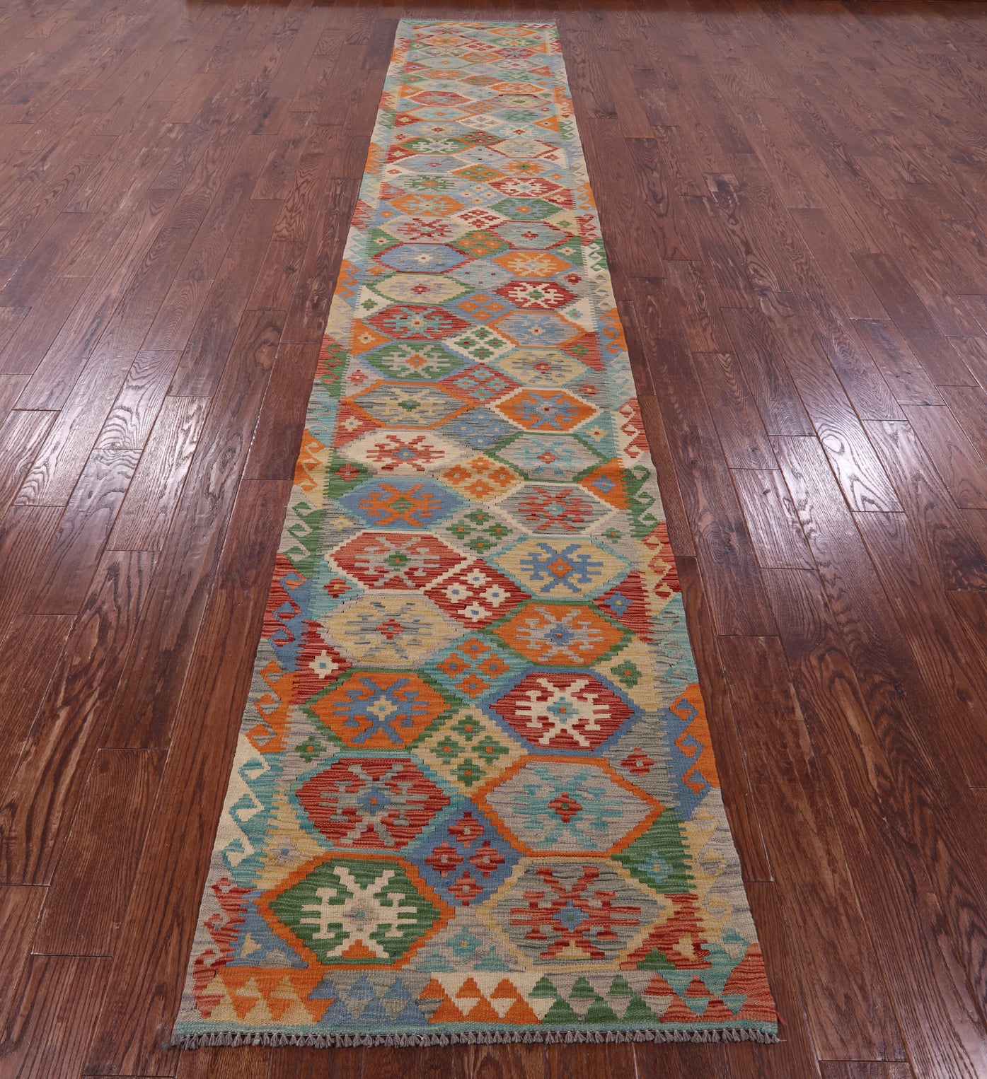 Reversible Kilim Flat Weave Wool On Wool Runner Rug - 2' 10" X 16' 1" - Golden Nile