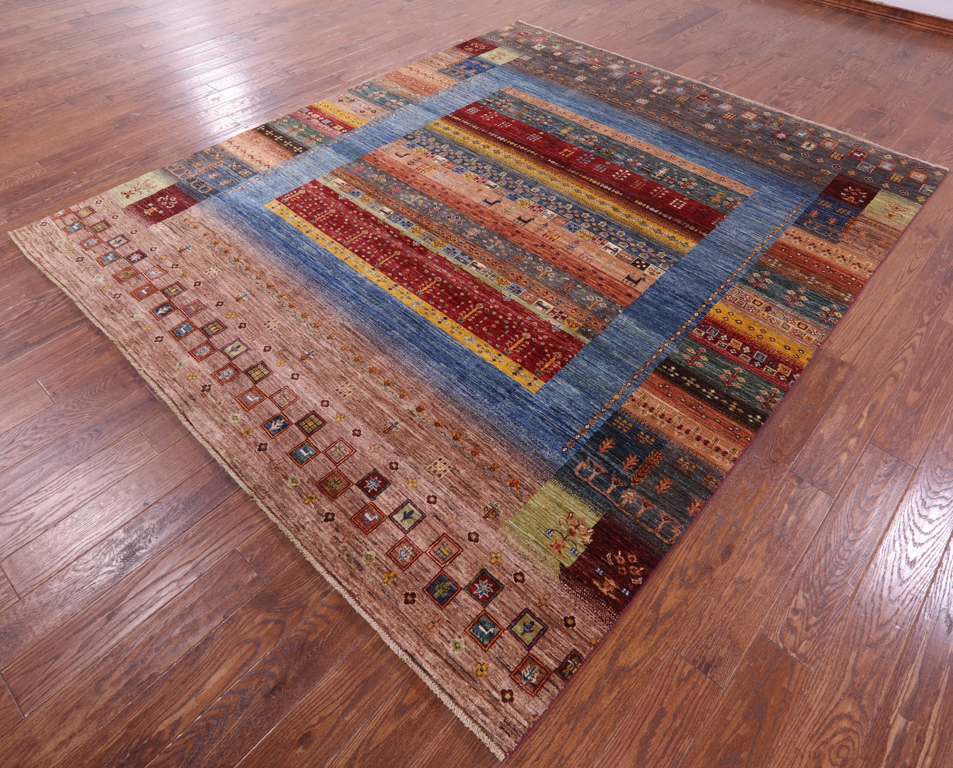 Tribal Persian Gabbeh Handmade Wool Rug - 8' 2" X 9' 7" - Golden Nile