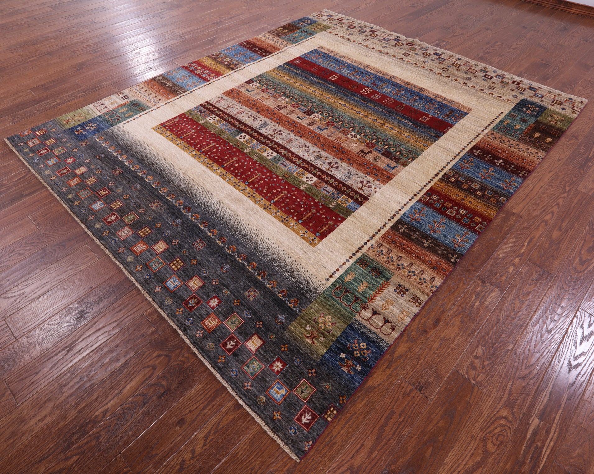 Tribal Persian Gabbeh Hand Knotted Wool Rug - 8' 0" X 9' 9" - Golden Nile