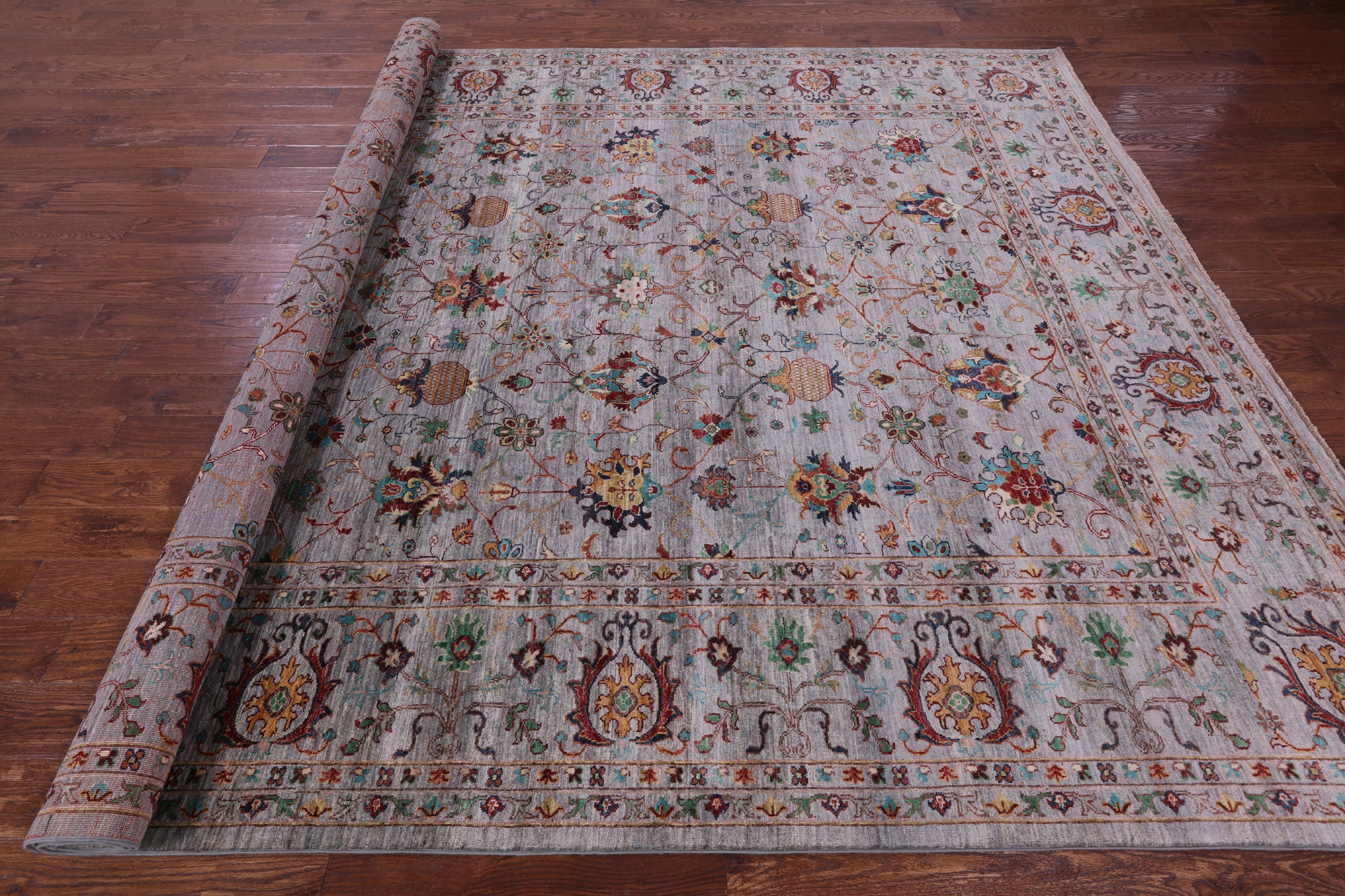 Grey Peshawar Hand Knotted Wool Rug - 8' 11" X 11' 11" - Golden Nile
