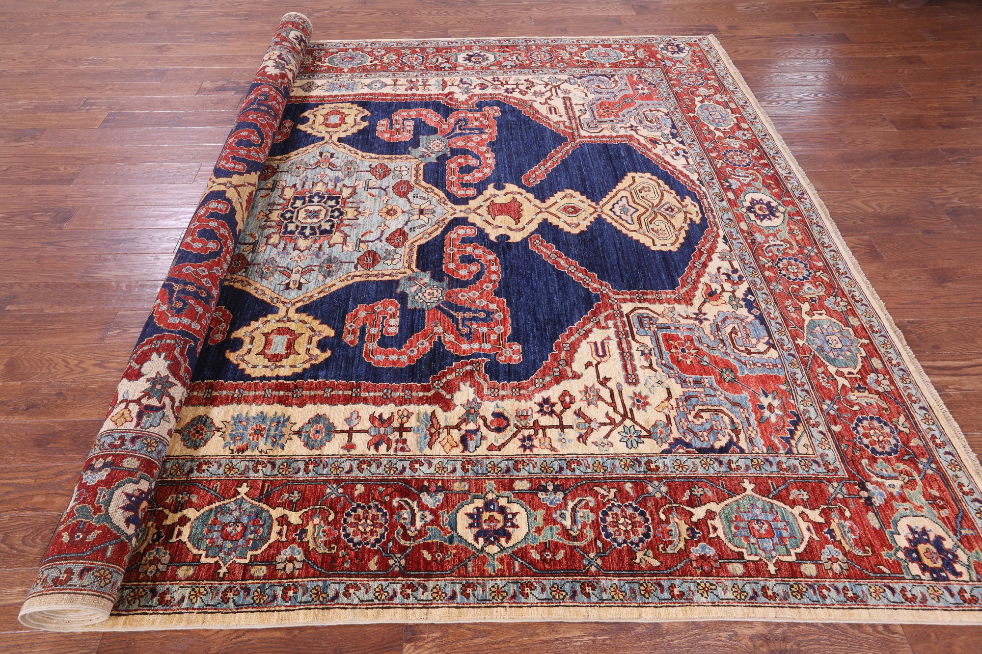 Blue Persian Fine Serapi Hand Knotted Wool Rug - 8' 10" X 11' 11" - Golden Nile