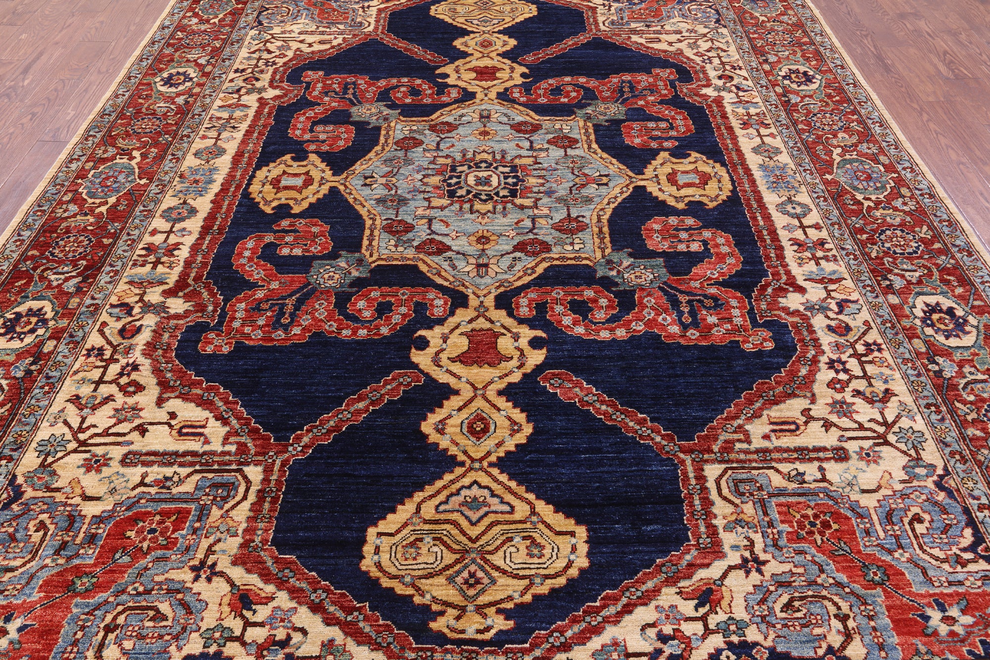 Blue Persian Fine Serapi Hand Knotted Wool Rug - 8' 10" X 11' 11" - Golden Nile