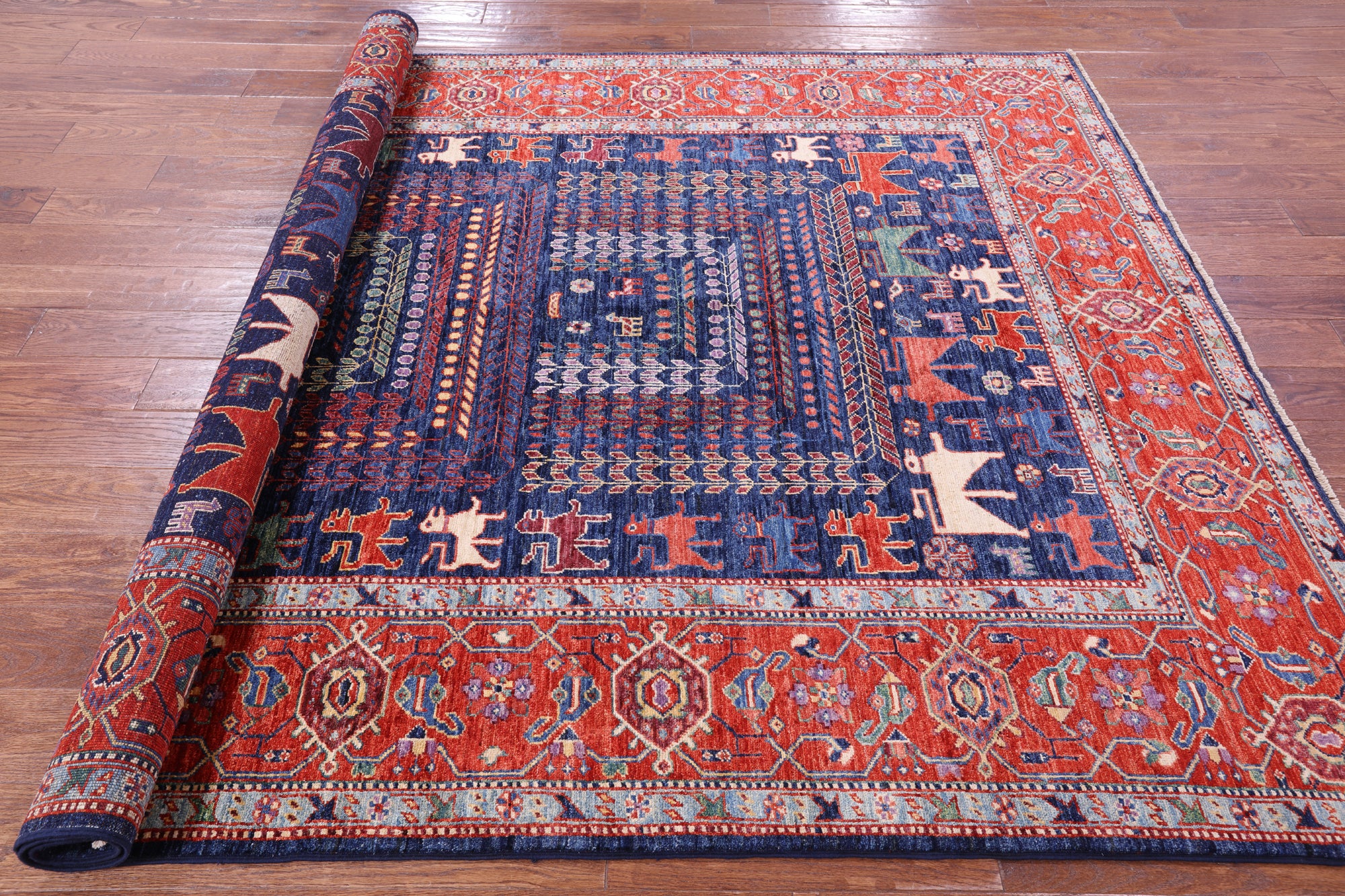 Blue Persian Fine Serapi Hand Knotted Wool Rug - 6' 5" X 8' 4" - Golden Nile