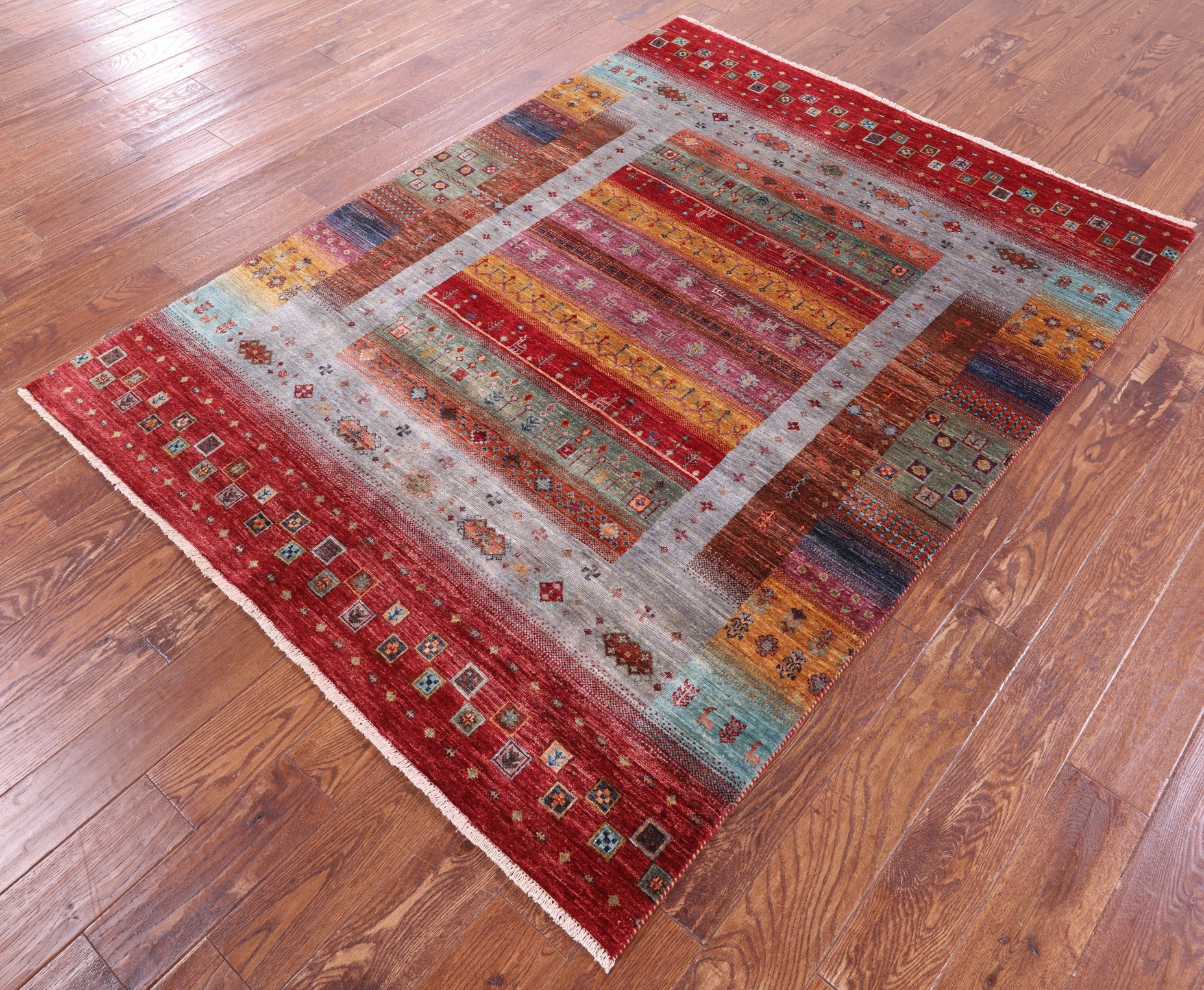 Persian Gabbeh Tribal Hand Knotted Wool Rug - 5' 1" X 6' 9" - Golden Nile