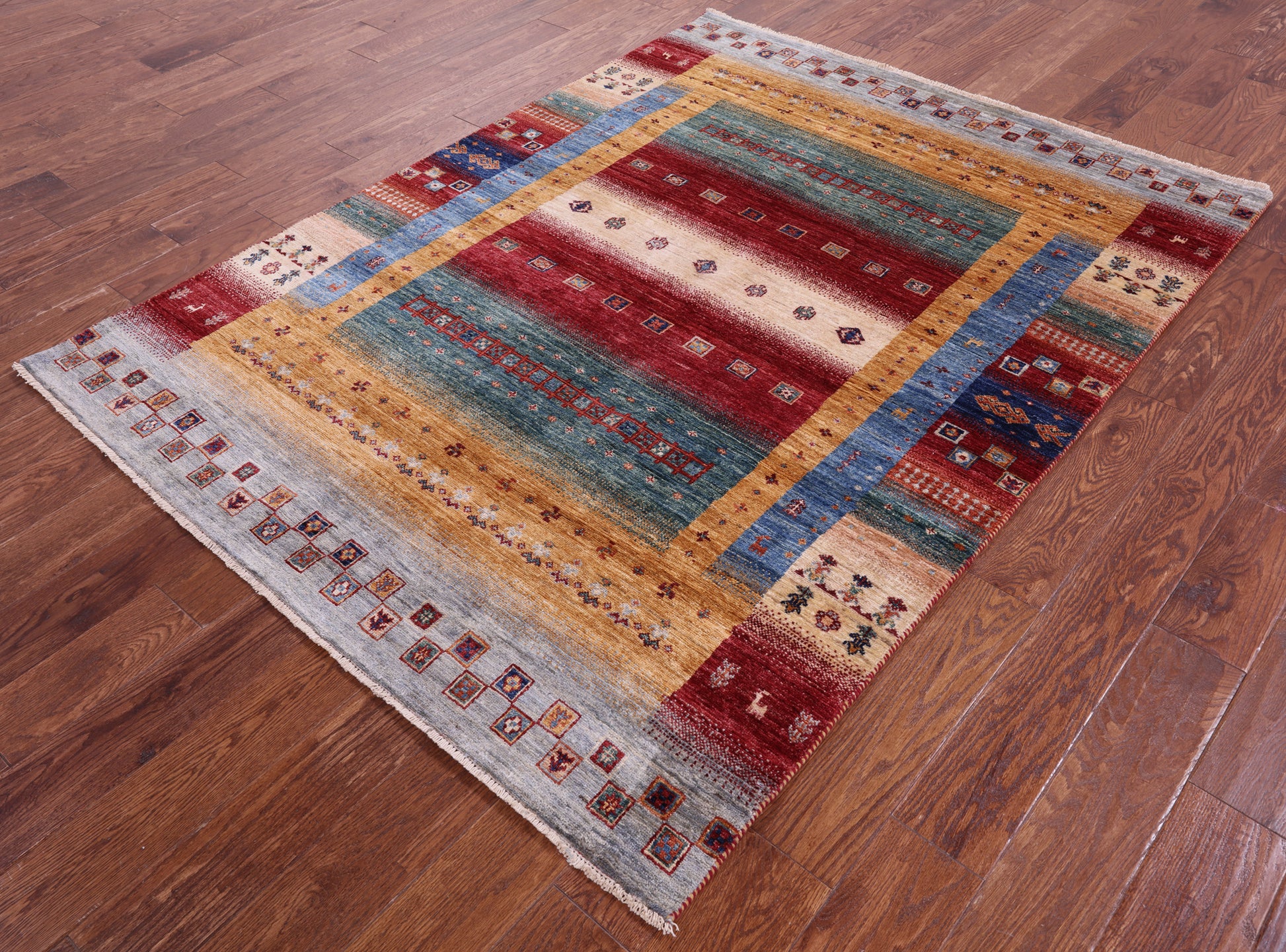 Tribal Persian Gabbeh Hand Knotted Wool Rug - 5' 1" X 6' 8" - Golden Nile