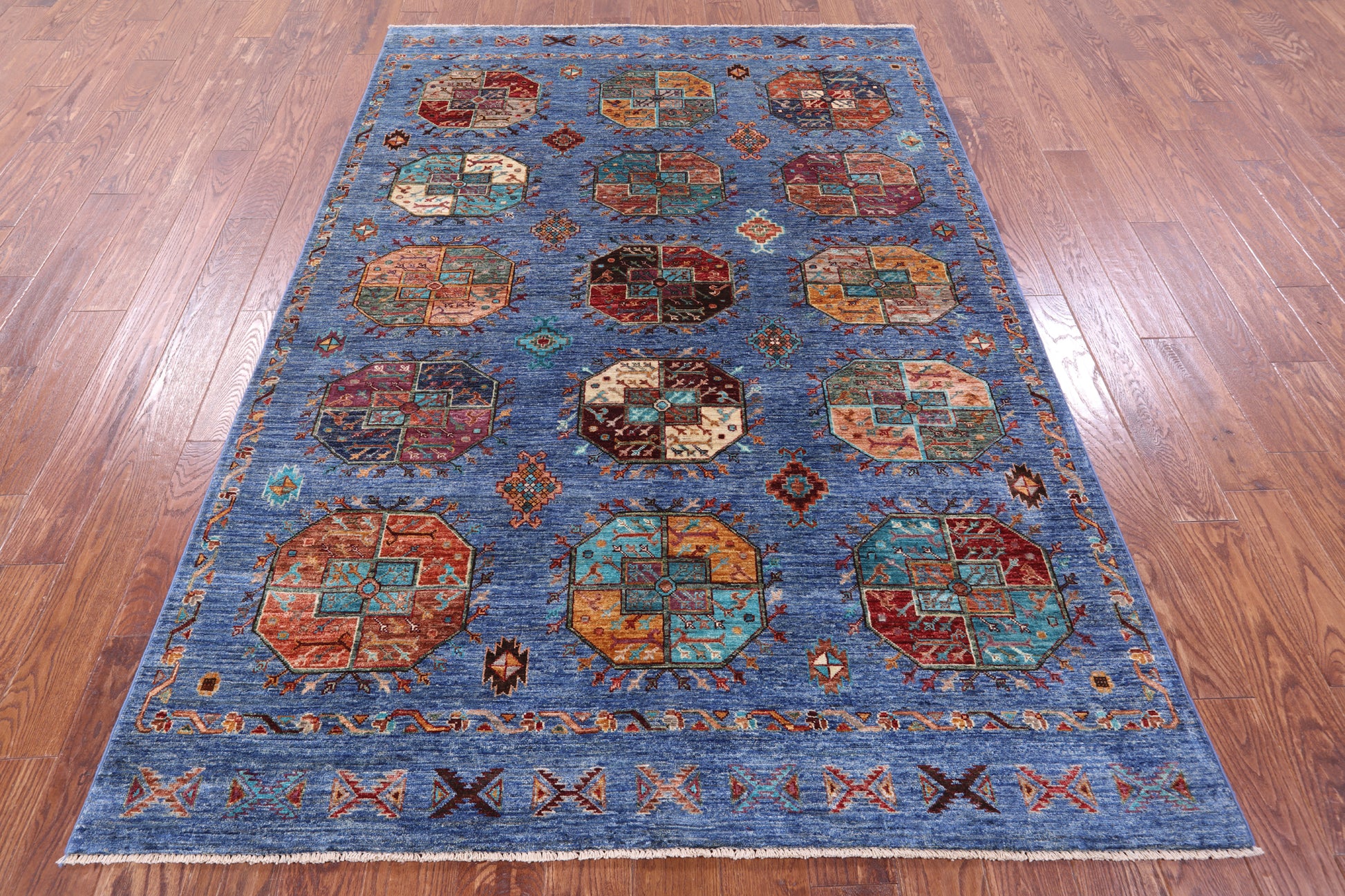 Blue Turkmen Ersari Handmade Wool Rug - 5' 7" X 8' 2" - Golden Nile