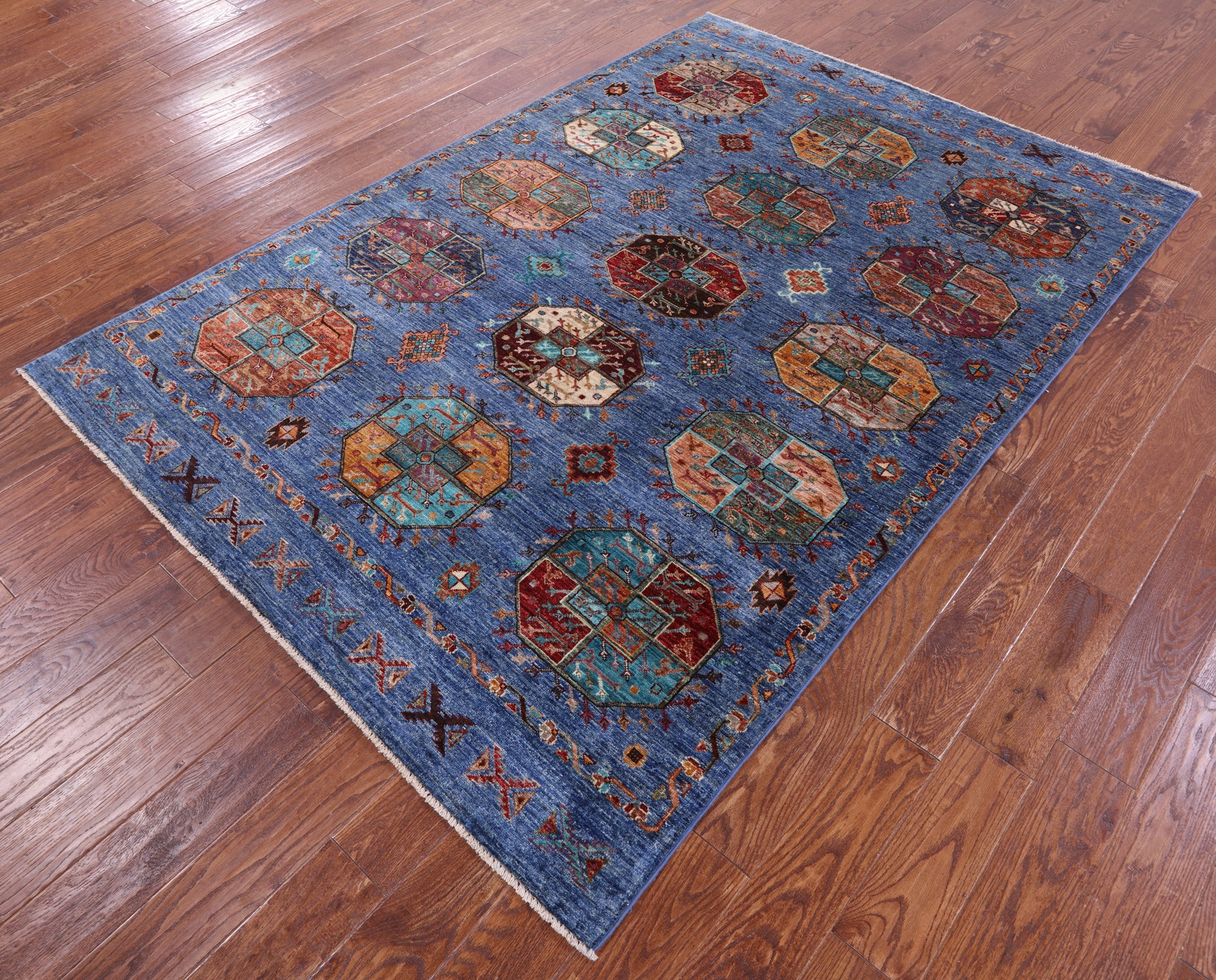 Blue Turkmen Ersari Handmade Wool Rug - 5' 7" X 8' 2" - Golden Nile