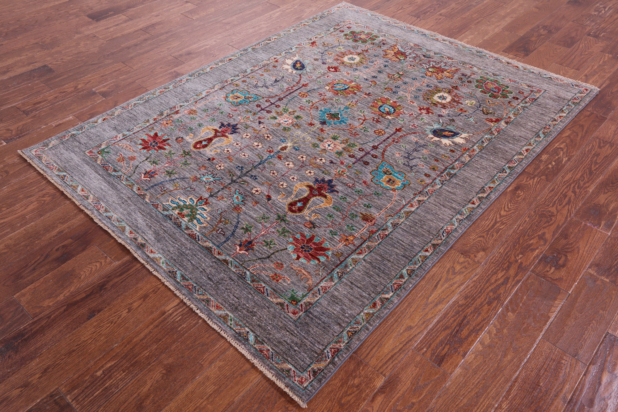 Grey Peshawar Hand Knotted Wool Rug - 5' 1" X 6' 9" - Golden Nile