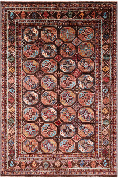Brown Turkmen Ersari Handmade Wool Rug - 5' 8" X 8' 4" - Golden Nile