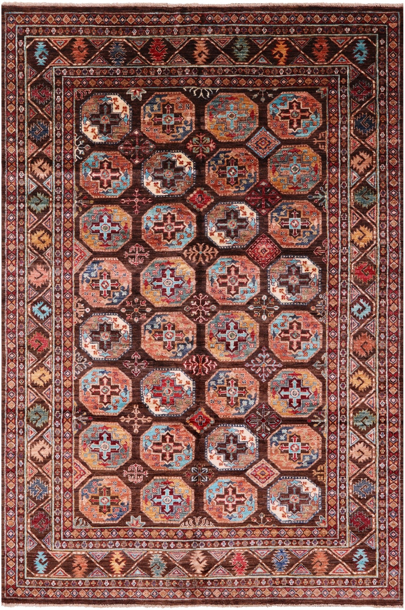 Brown Turkmen Ersari Handmade Wool Rug - 5' 8" X 8' 4" - Golden Nile