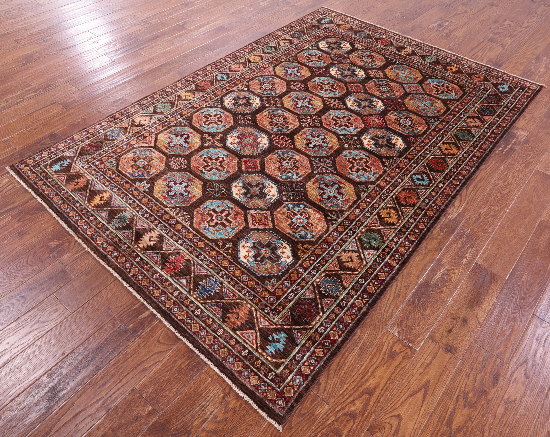Brown Turkmen Ersari Handmade Wool Rug - 5' 8" X 8' 4" - Golden Nile