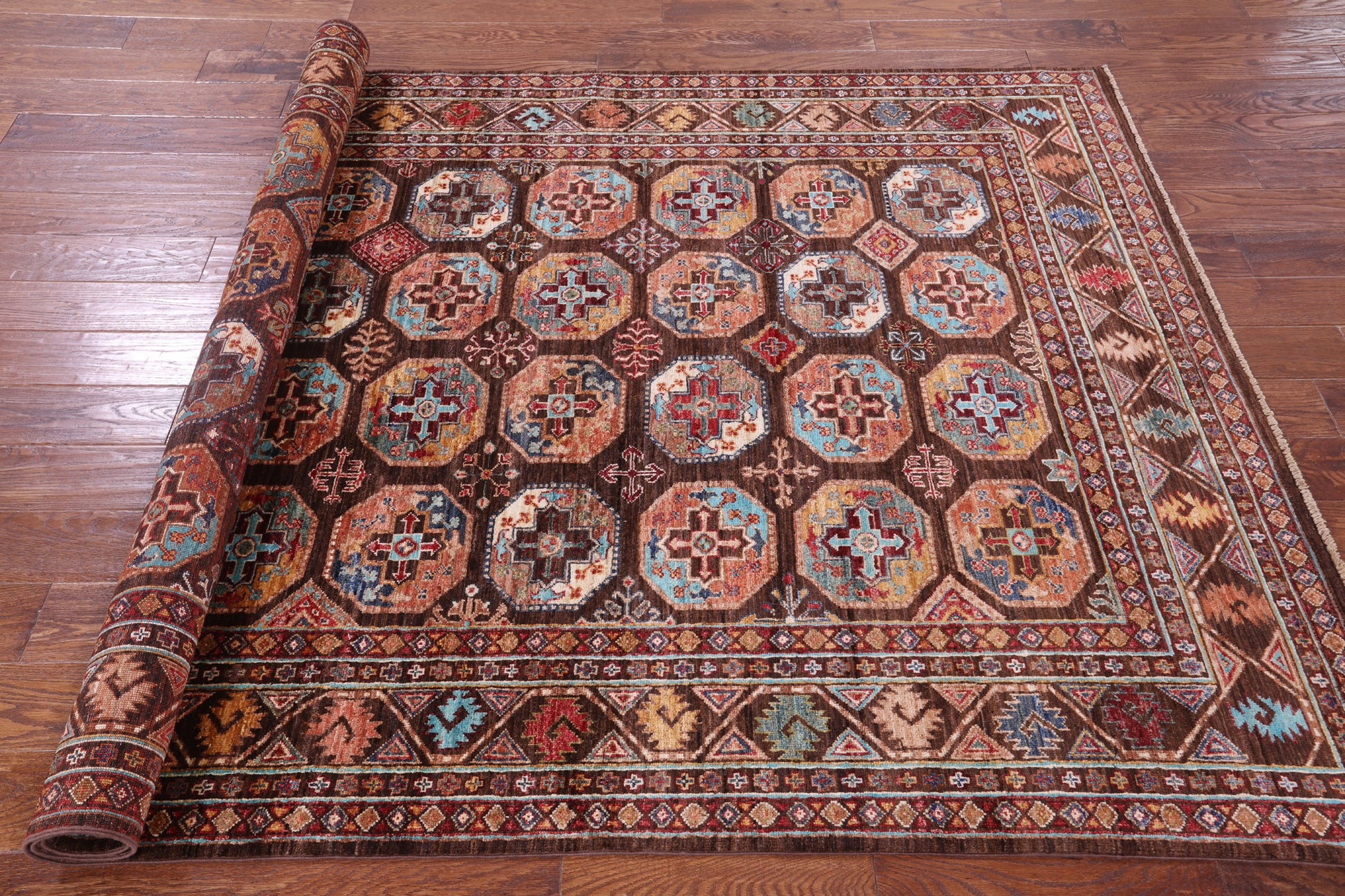 Brown Turkmen Ersari Handmade Wool Rug - 5' 8" X 8' 4" - Golden Nile