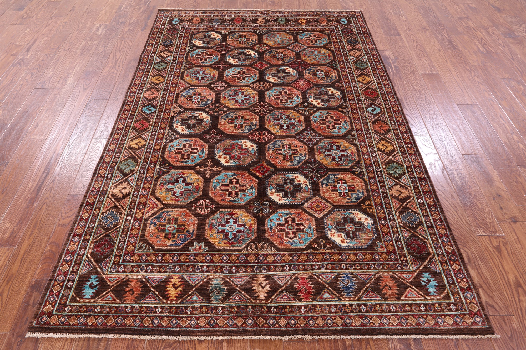Brown Turkmen Ersari Handmade Wool Rug - 5' 8" X 8' 4" - Golden Nile