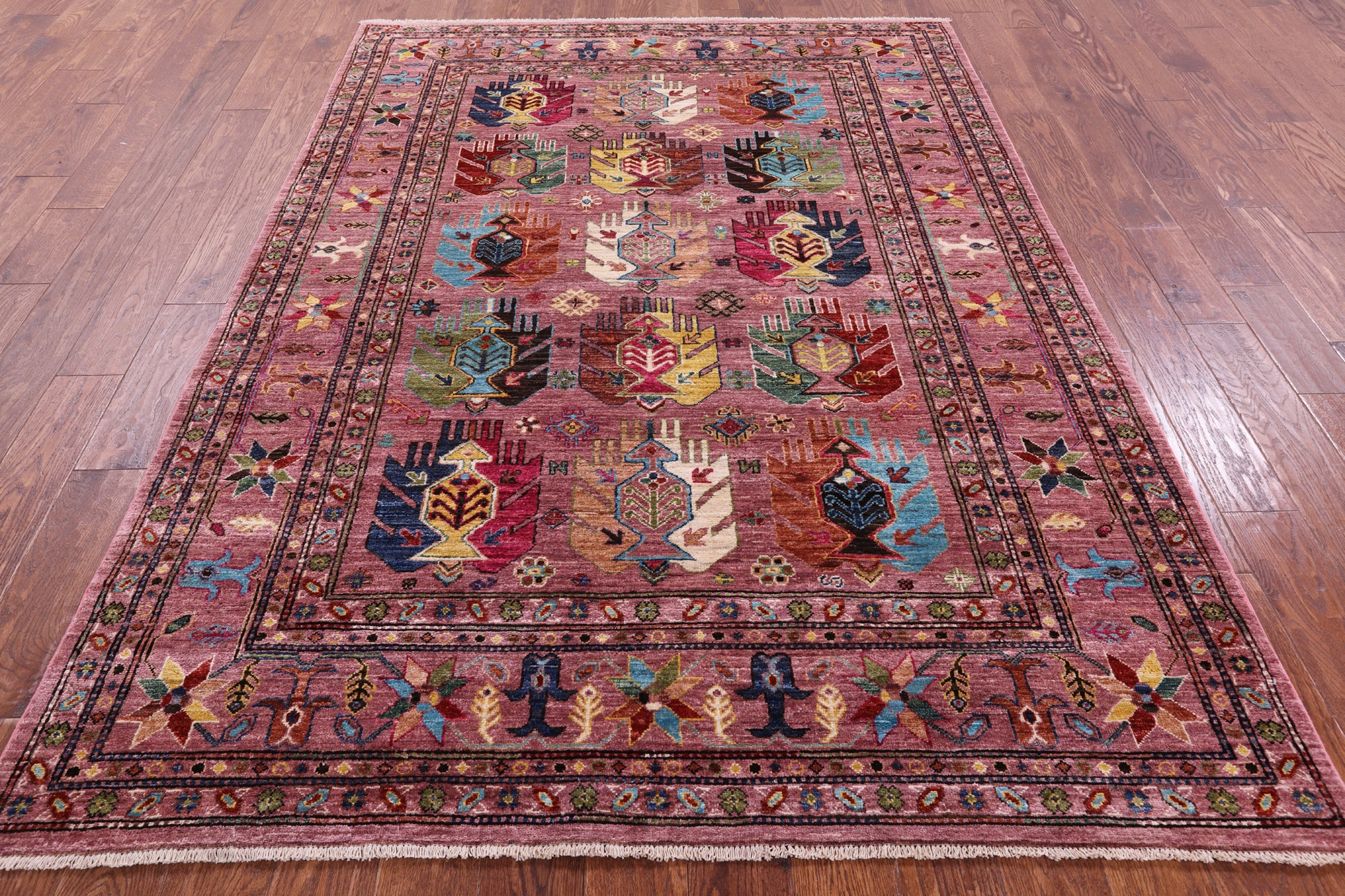 Pink Turkmen Ersari Hand Knotted Wool Rug - 5' 9" X 8' 1" - Golden Nile