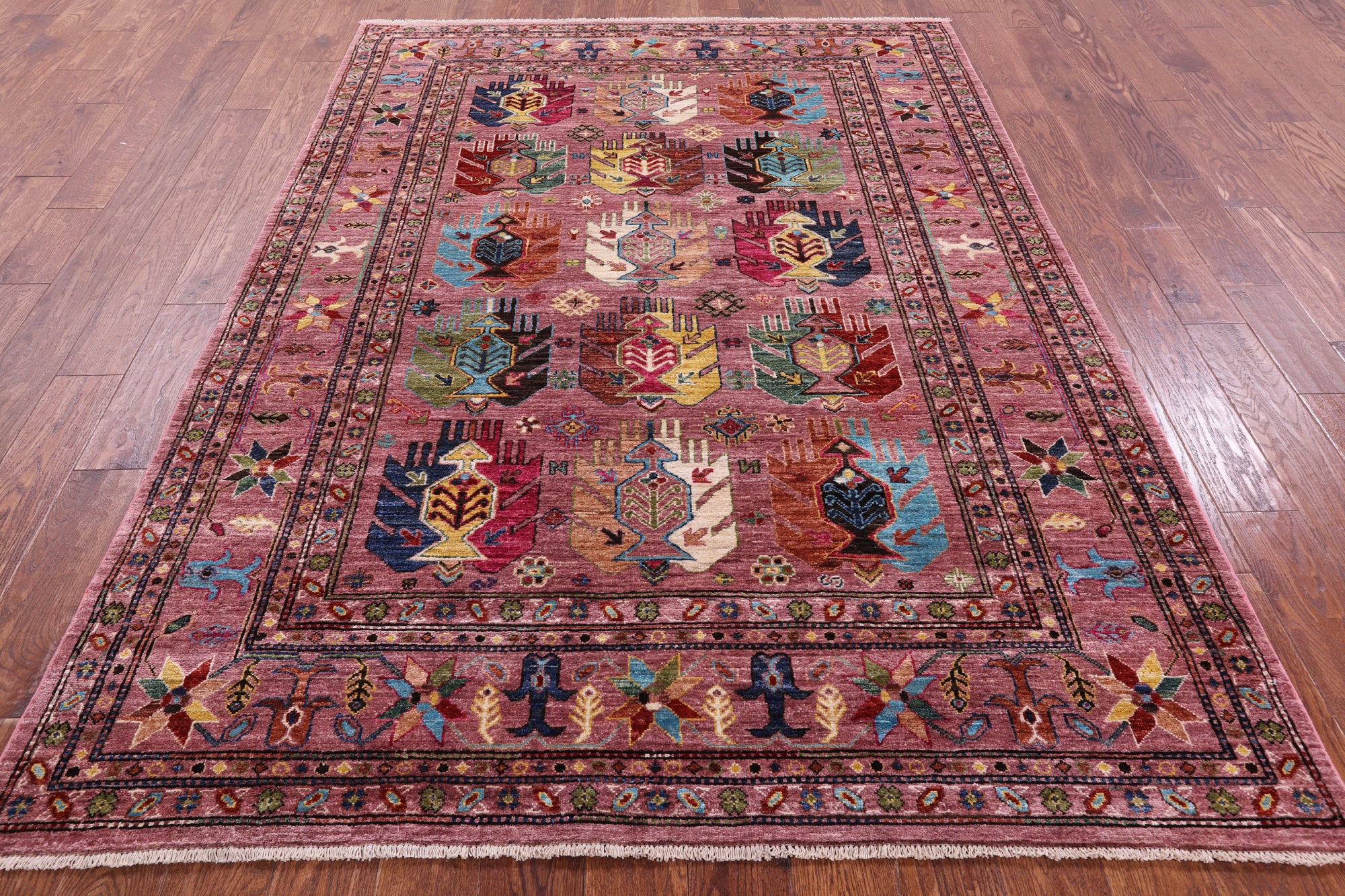 Pink Turkmen Ersari Hand Knotted Wool Rug - 5' 9" X 8' 1" - Golden Nile