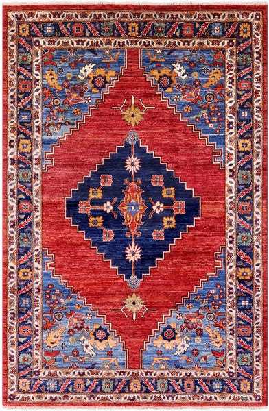 Red Persian Fine Serapi Hand Knotted Wool Rug - 5' 9" X 8' 10" - Golden Nile