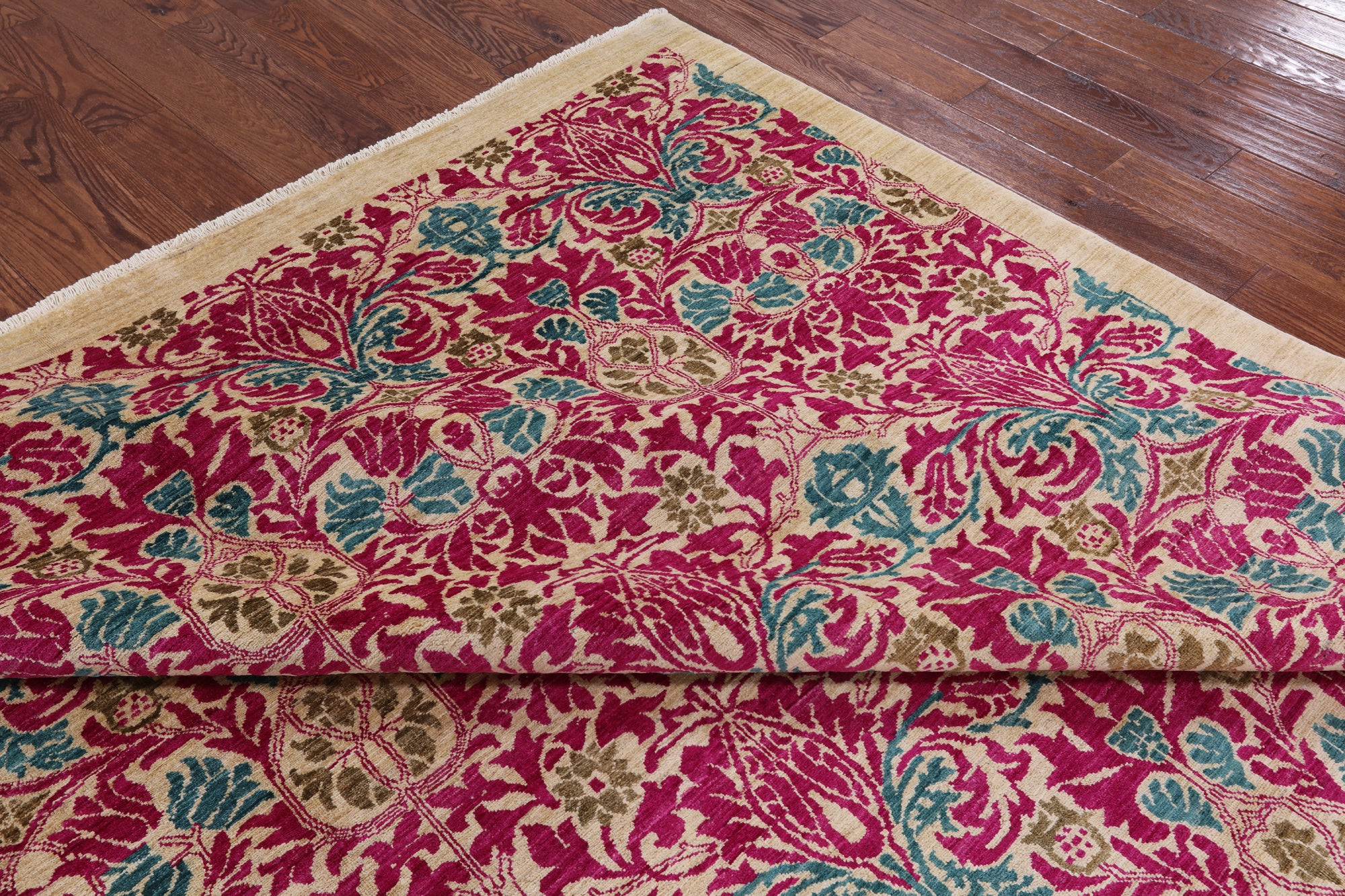 Ivory William Morris Hand Knotted Wool Area Rug - 9' 0" X 11' 9" - Golden Nile