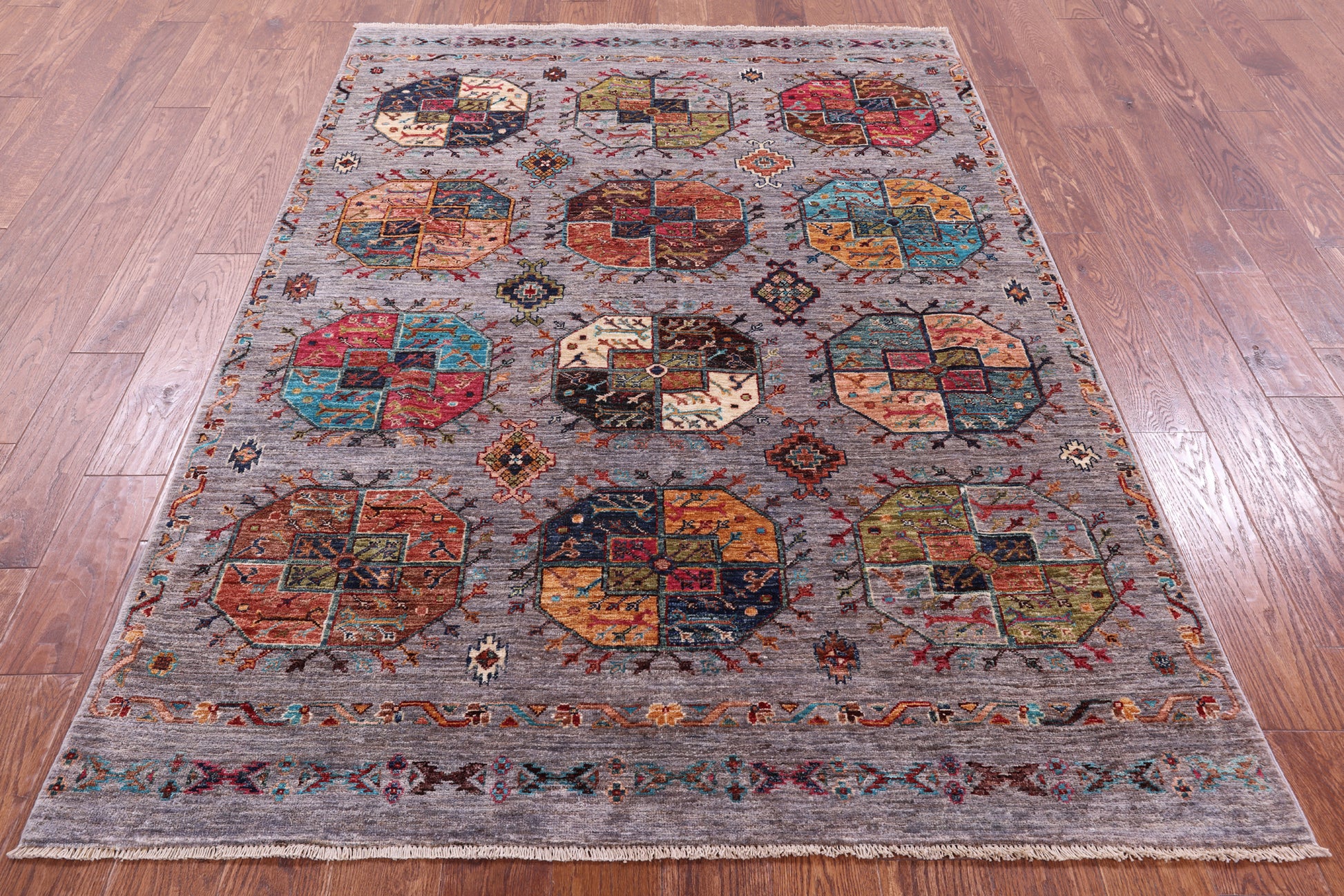 Grey Turkmen Ersari Hand Knotted Wool Rug - 5' 0" X 6' 10" - Golden Nile