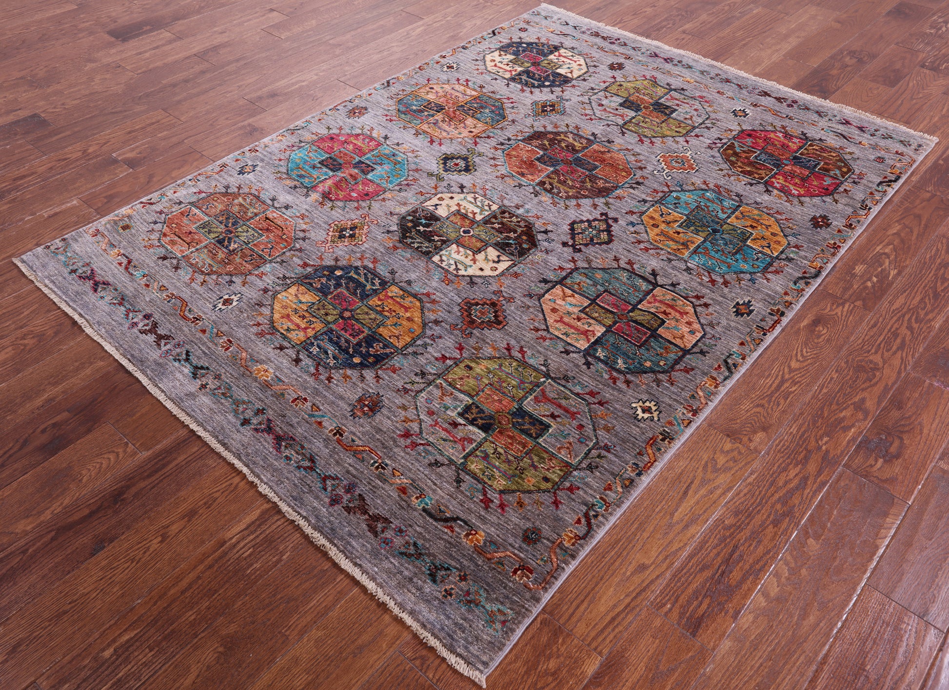 Grey Turkmen Ersari Hand Knotted Wool Rug - 5' 0" X 6' 10" - Golden Nile