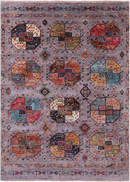 Grey Turkmen Ersari Hand Knotted Wool Rug - 5' 0" X 6' 10" - Golden Nile