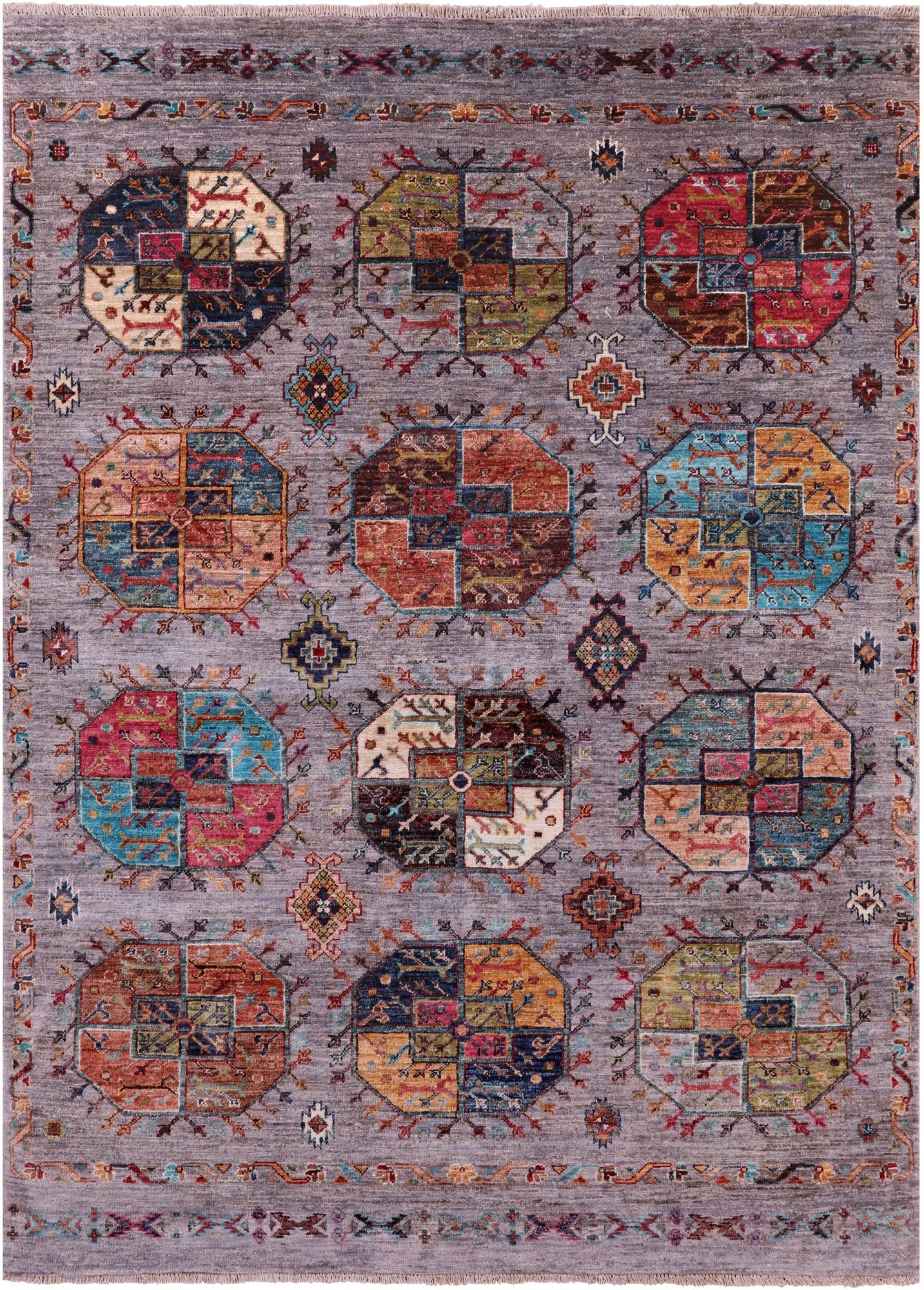 Grey Turkmen Ersari Hand Knotted Wool Rug - 5' 0" X 6' 10" - Golden Nile