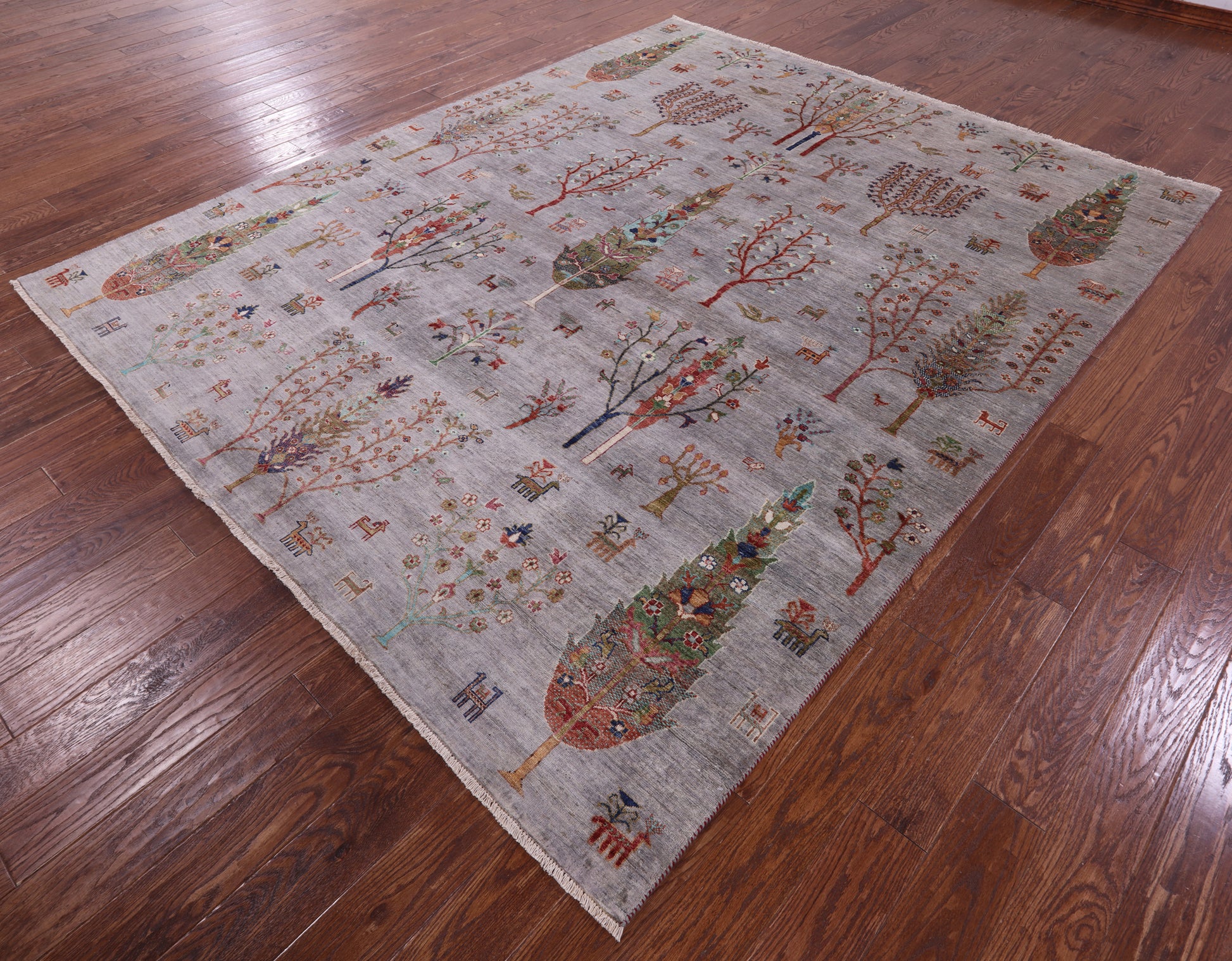 Grey Persian Gabbeh Tribal Hand Knotted Wool Rug - 8' 1" X 9' 9" - Golden Nile