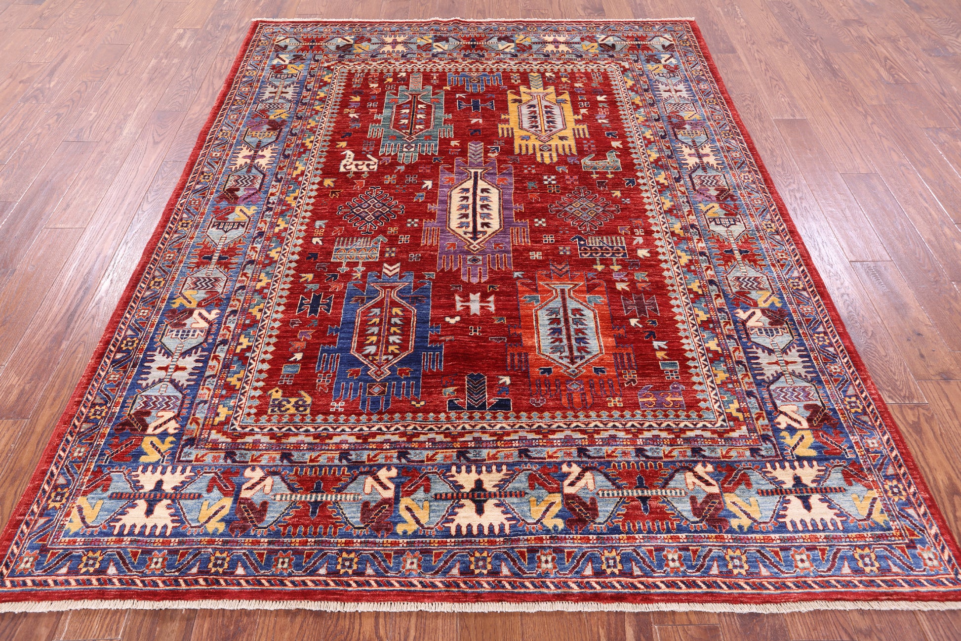 Red Persian Fine Serapi Hand Knotted Wool Rug - 6' 5" X 8' 0" - Golden Nile