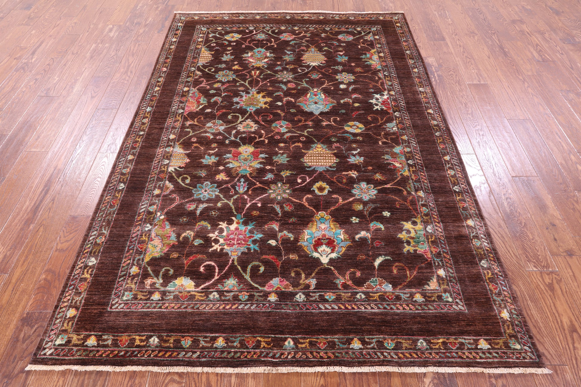 Brown Peshawar Hand Knotted Wool Rug - 5' 8" X 8' 1" - Golden Nile