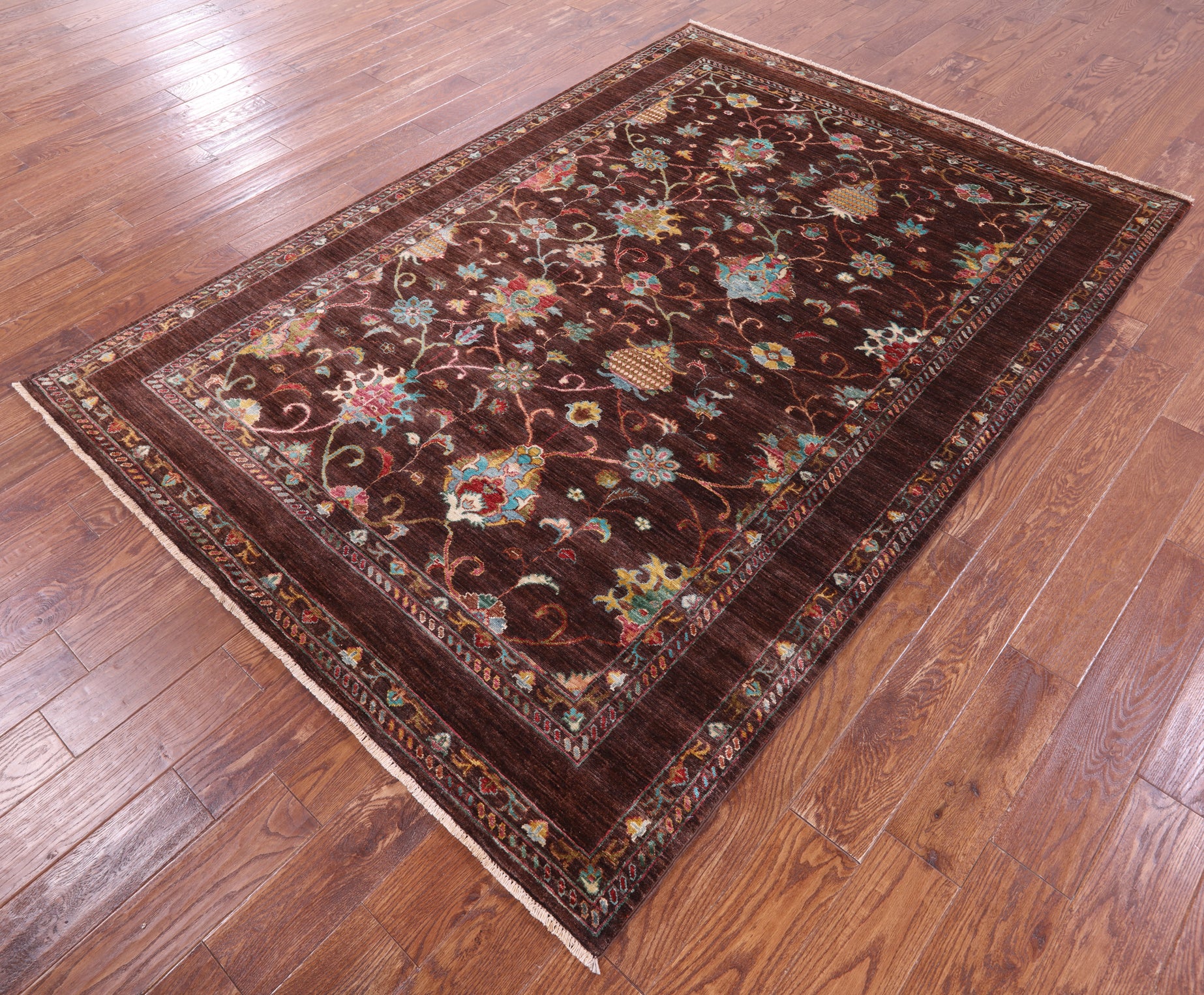 Brown Peshawar Hand Knotted Wool Rug - 5' 8" X 8' 1" - Golden Nile
