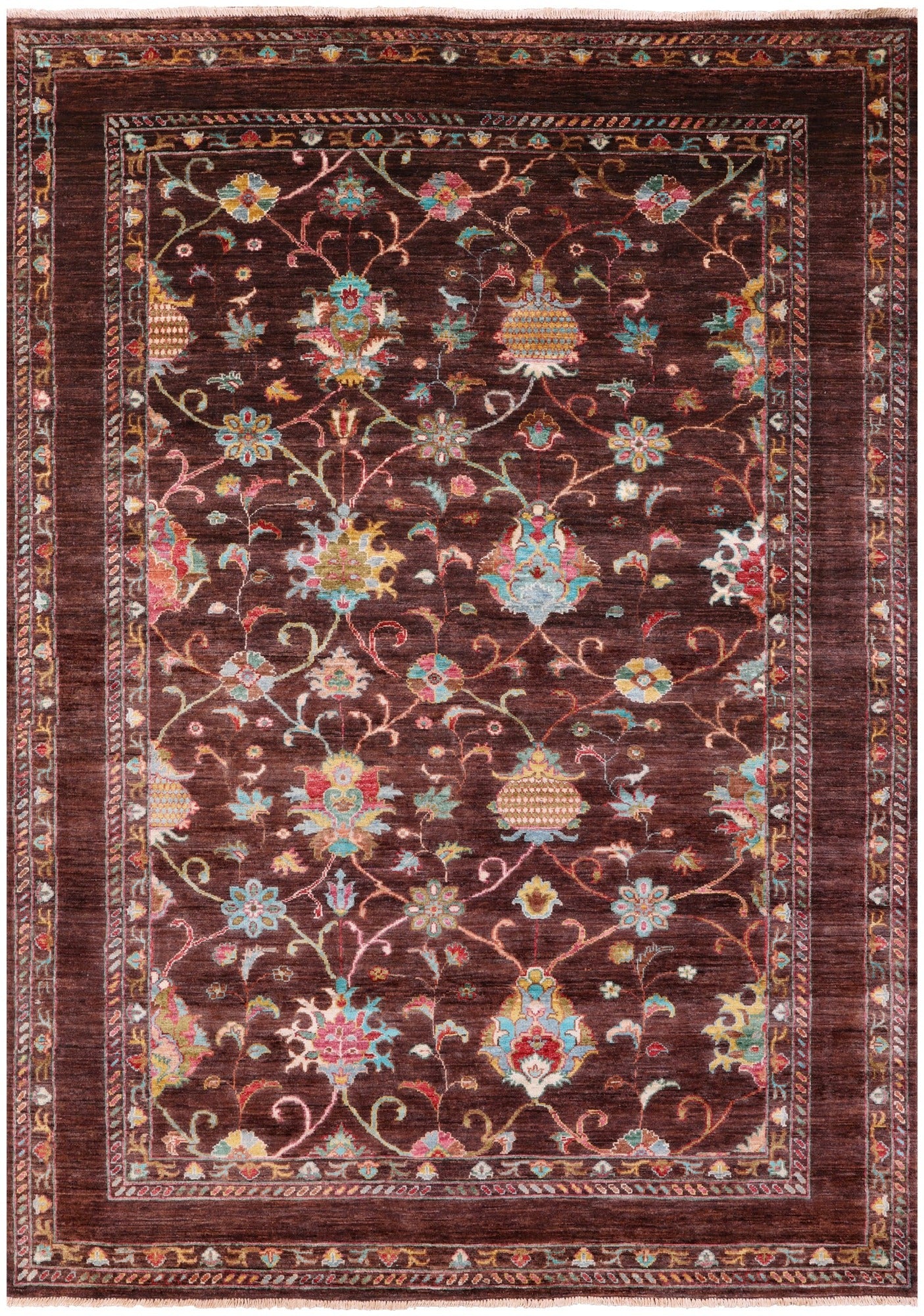 Brown Peshawar Hand Knotted Wool Rug - 5' 8" X 8' 1" - Golden Nile