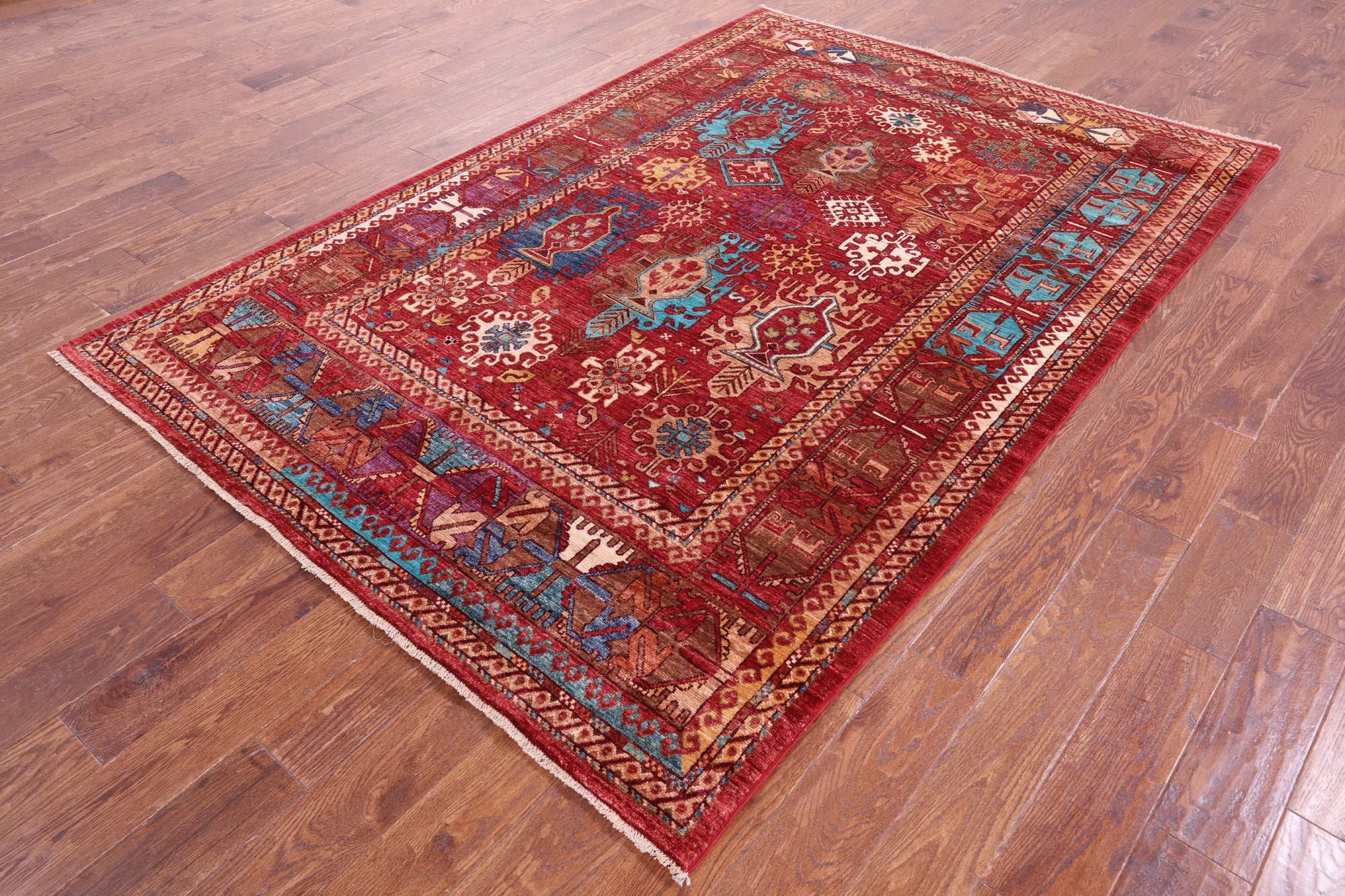 Red Turkmen Ersari Hand Knotted Wool Rug - 5' 8" X 8' 4" - Golden Nile