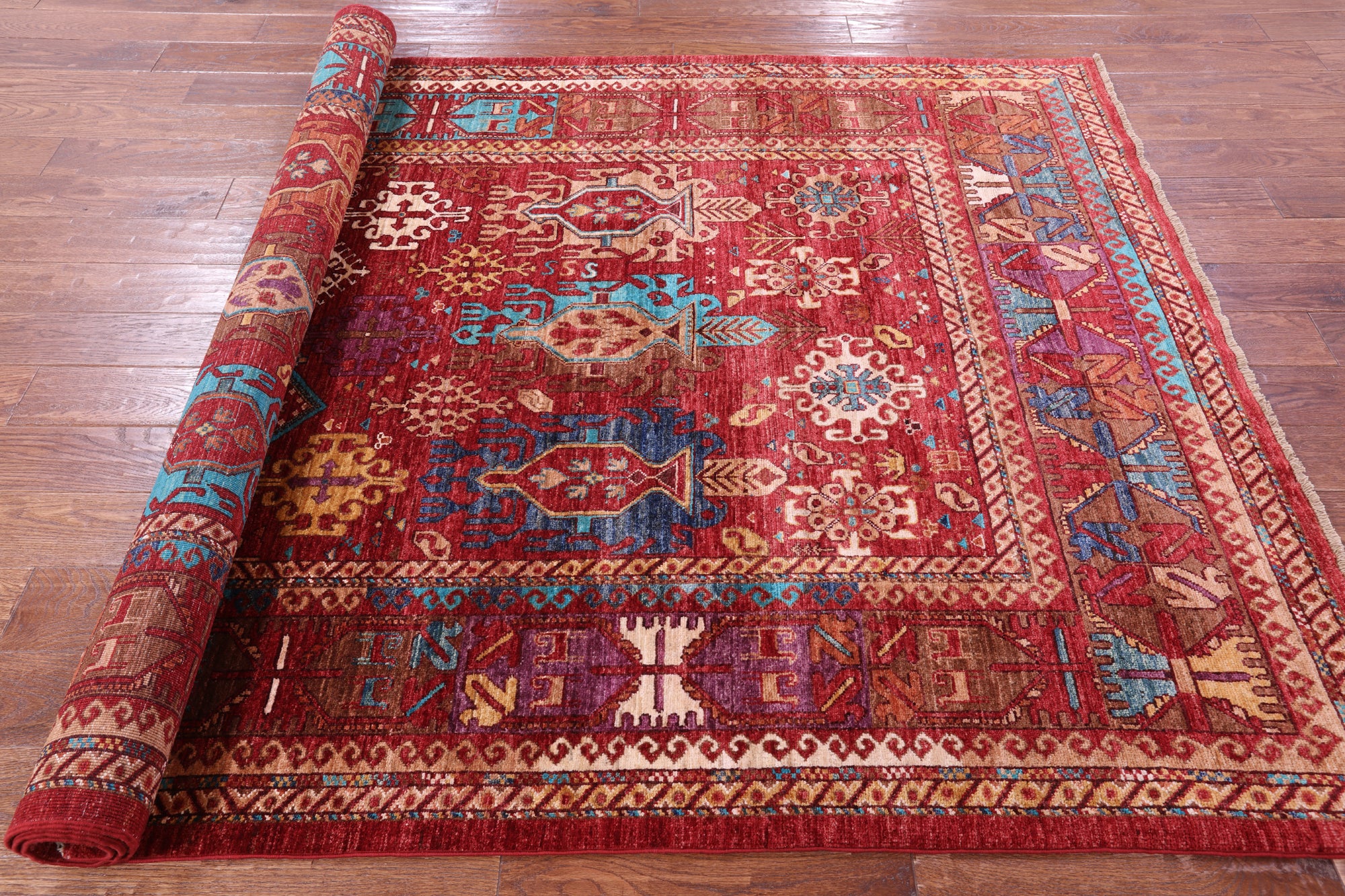 Red Turkmen Ersari Hand Knotted Wool Rug - 5' 8" X 8' 4" - Golden Nile