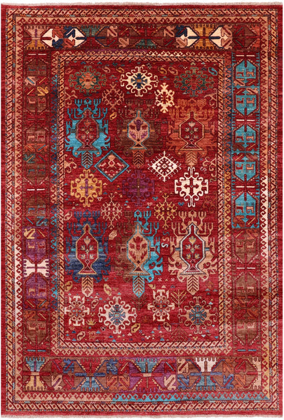 Red Turkmen Ersari Hand Knotted Wool Rug - 5' 8" X 8' 4" - Golden Nile