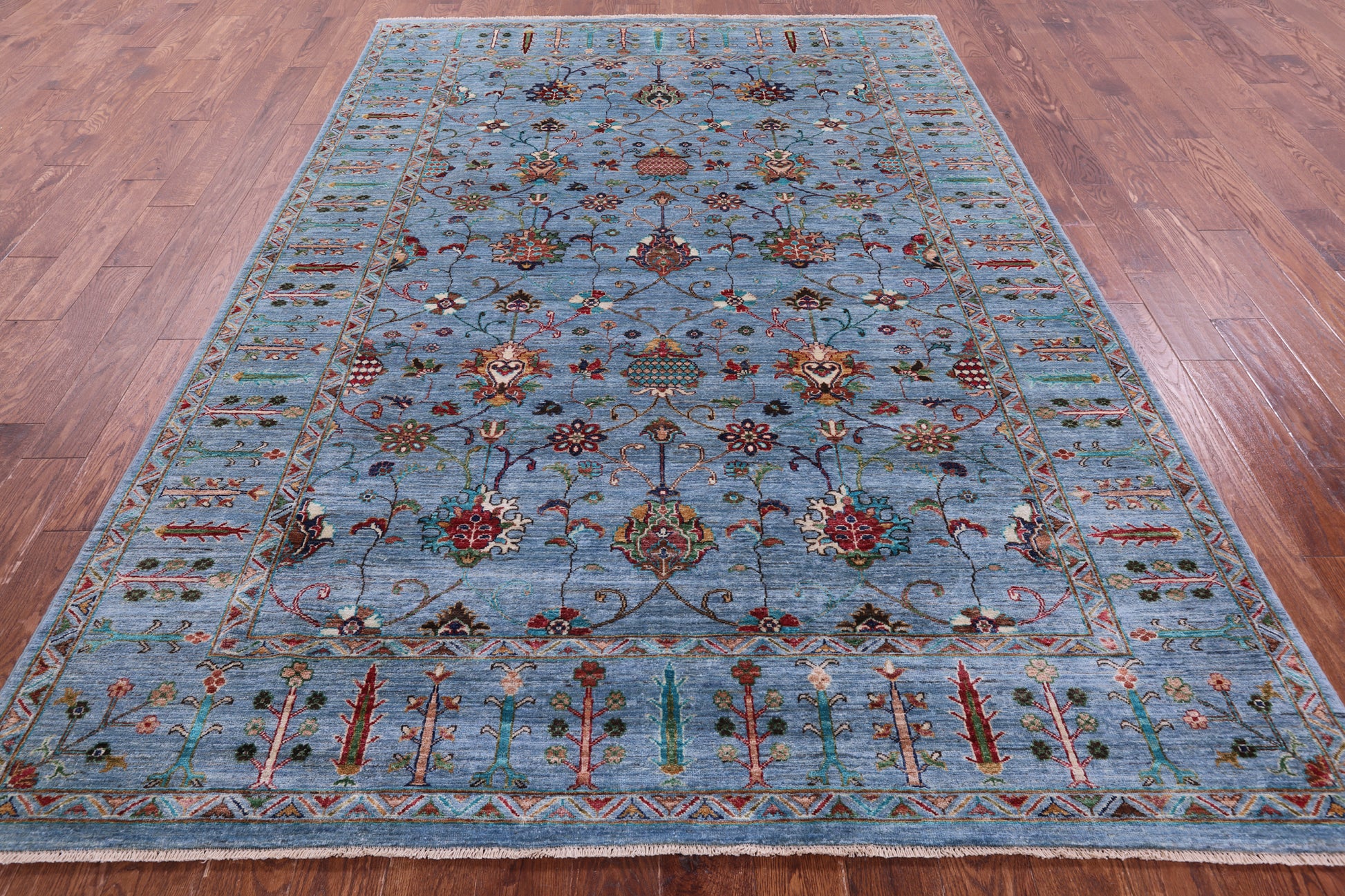 Blue Peshawar Hand Knotted Wool Rug - 6' 10" X 9' 9" - Golden Nile